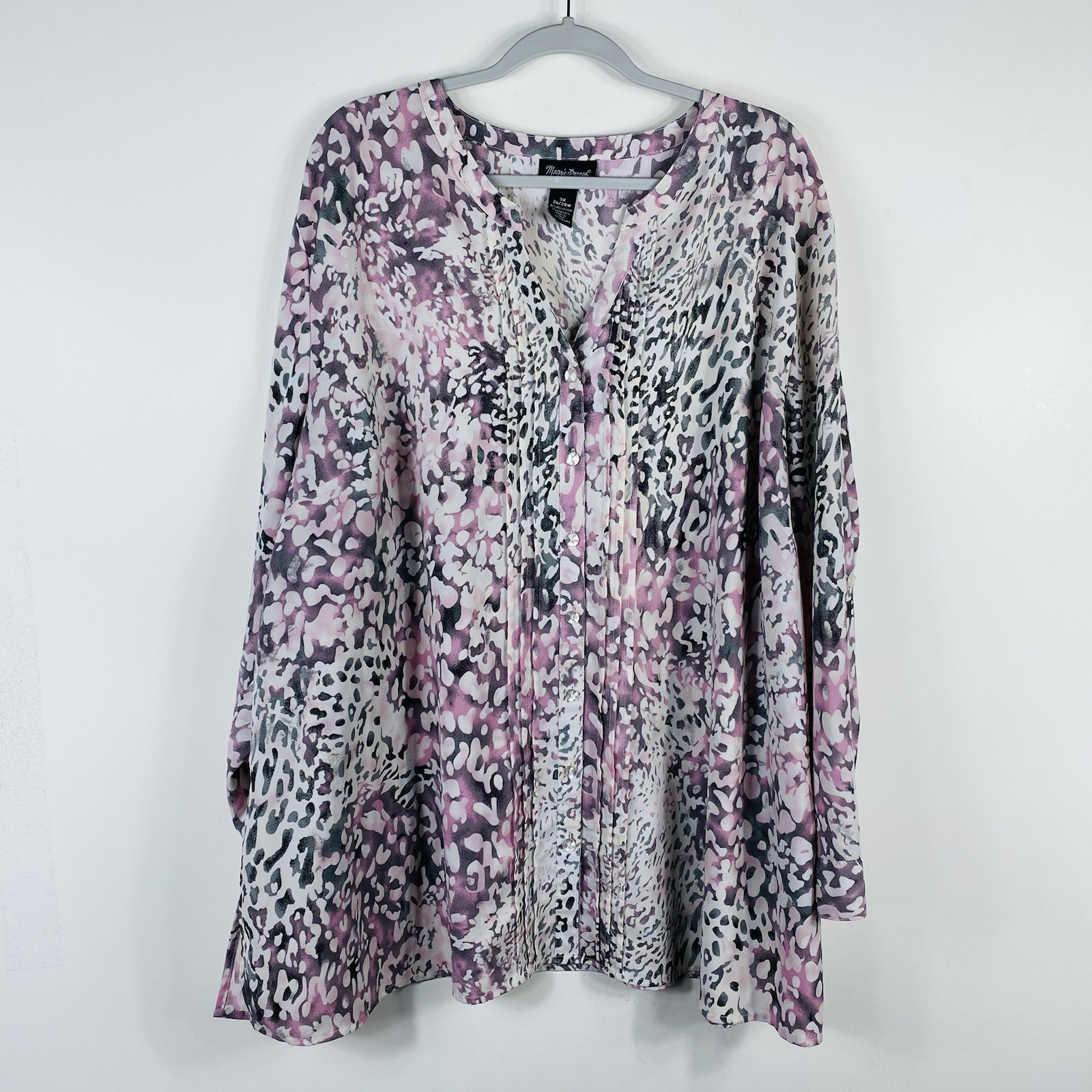 Maggie Barnes Top 3X 26 28 Pink Printed Roll Tab Sleeve Blouse Maggie Barnes Top 3X 26 28 Pink Printed Roll Tab Sleeve Blouse