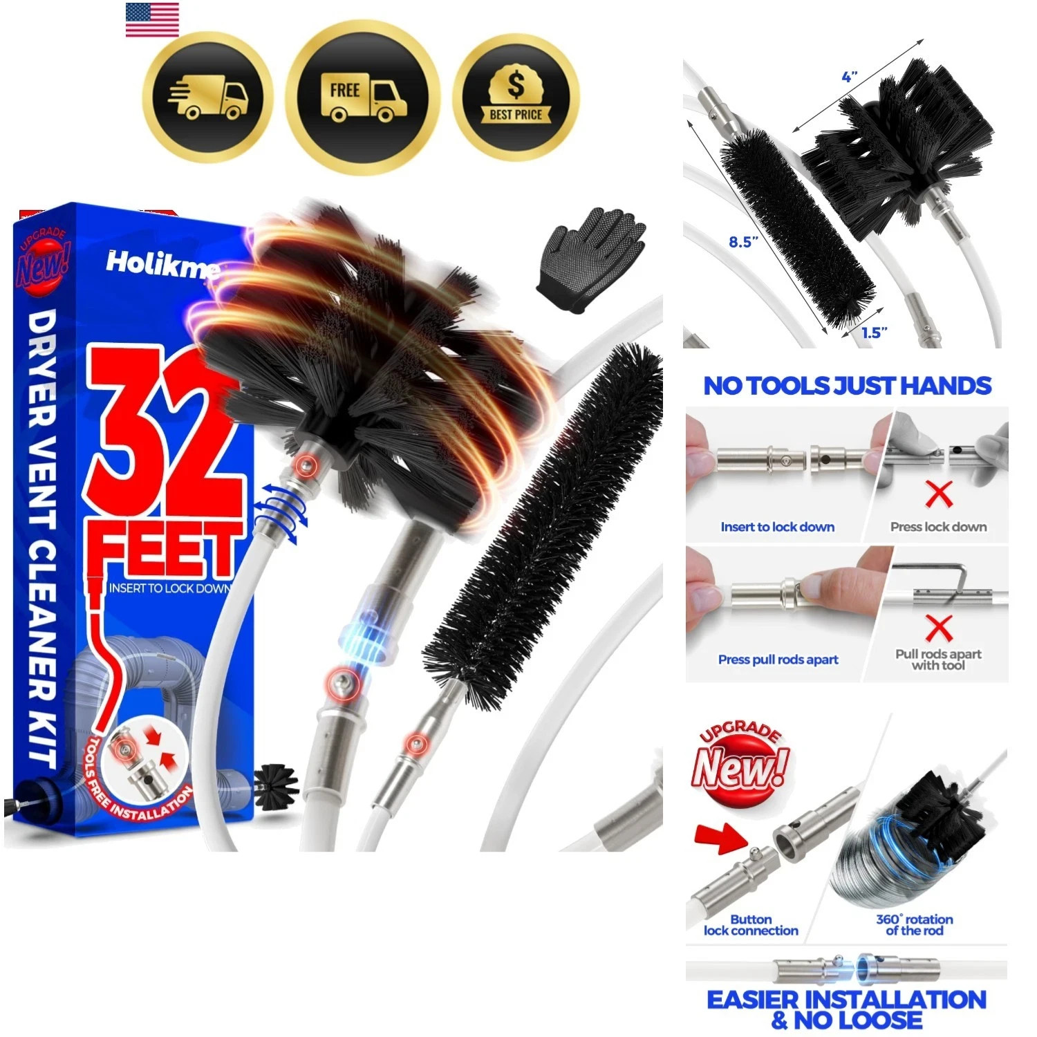 32 Feet Dryer Vent Cleaner Kit, Upgrade Flexible Lint Brush with Drill Attach...