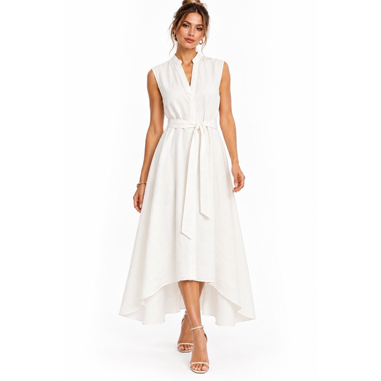 H&M White Sleeveless Belted Midi Shirt Dress Mandarin Collar Size Large NWT