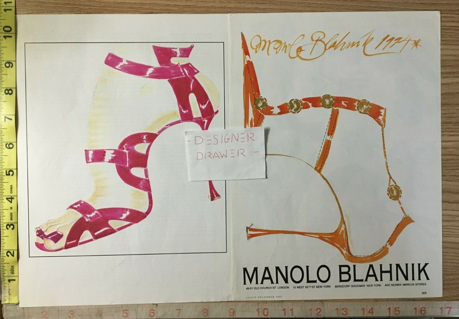 Manolo Blahnik Illustrated Vintage 2 PG. 1994 Print AD: Orange  Pink Shoe Scene