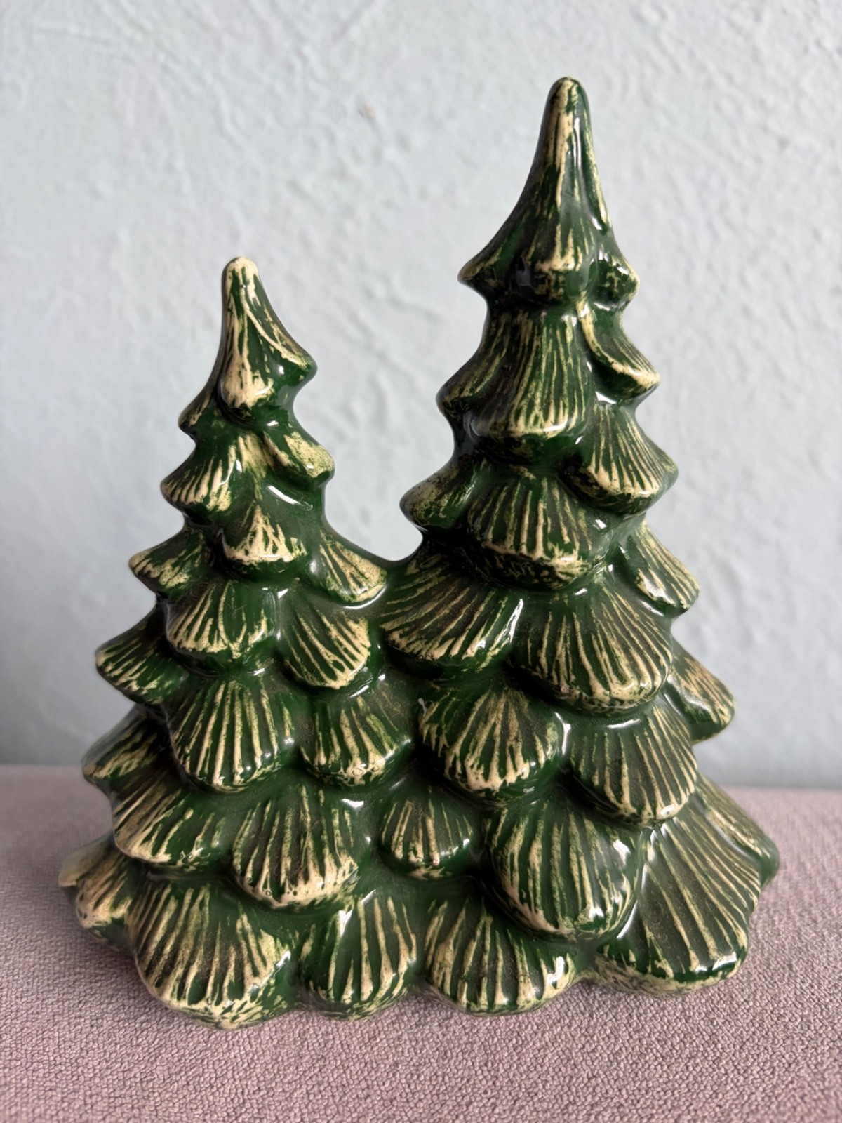 Vintage 1998 Ceramic Double Christmas Tree Figurine Green Hand Painted Signed