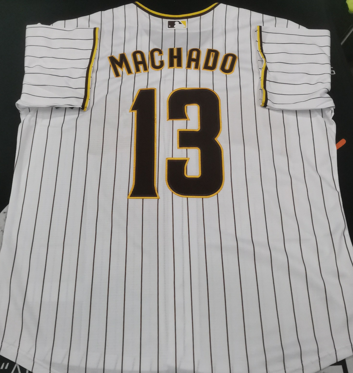 Manny Machado #13 SD Padres White Stripe Cool Base Sewn Stitched Jersey.
