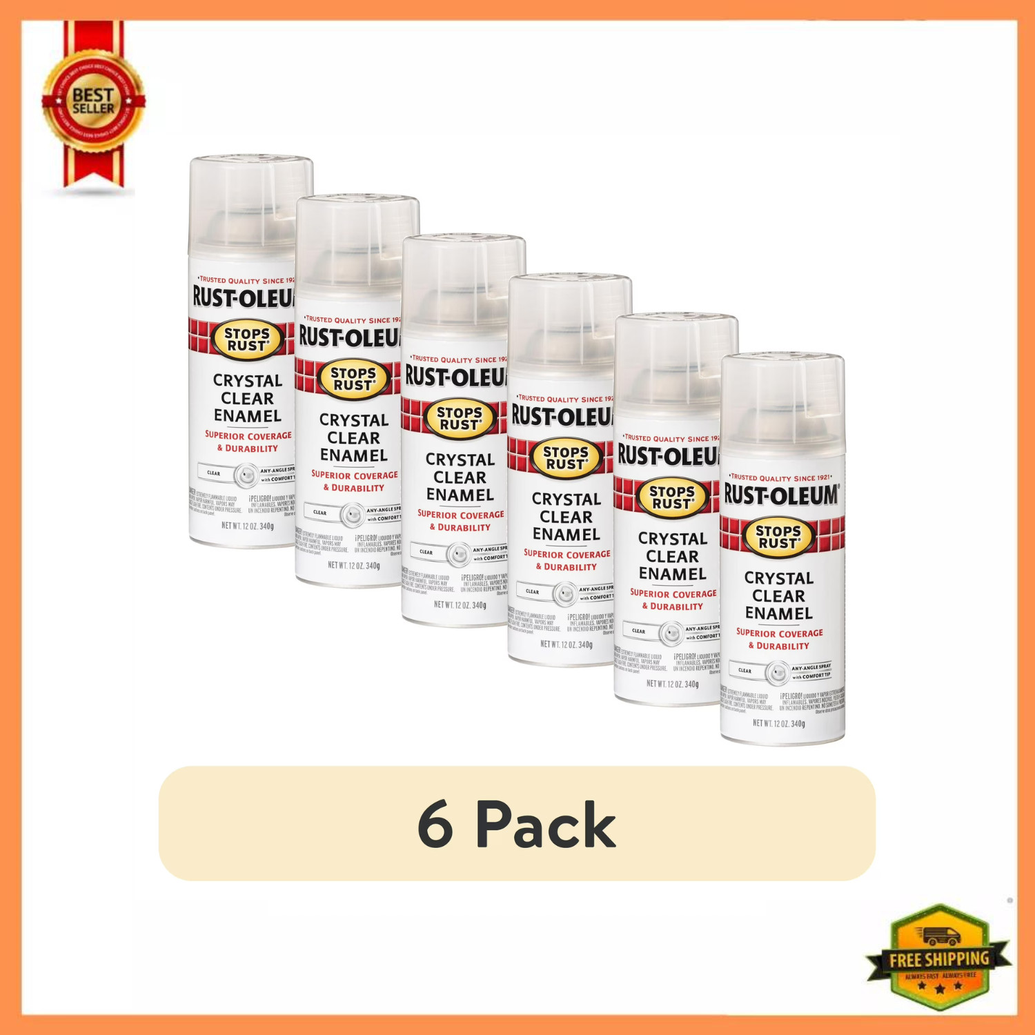 6 Pack Rust-Oleum Stops Rust Crystal Clear Gloss Enamel Spray 12 oz