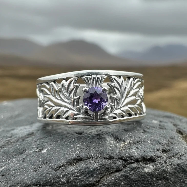 Scottish Thistle Band Ring Scotland Statement Wedding Ladies Ring 925