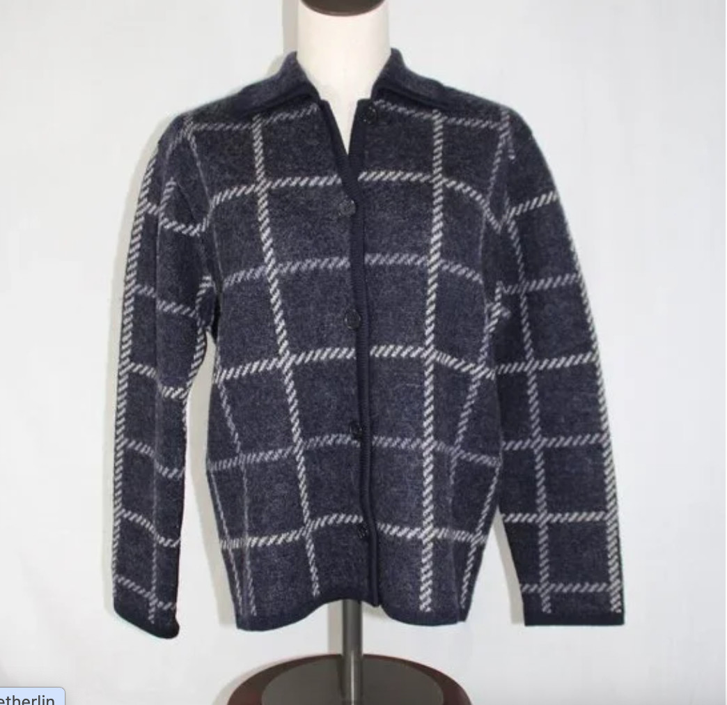 Vintage Talbots Petites Small Checkered Button Up Cardigan Navy White 100% Wool