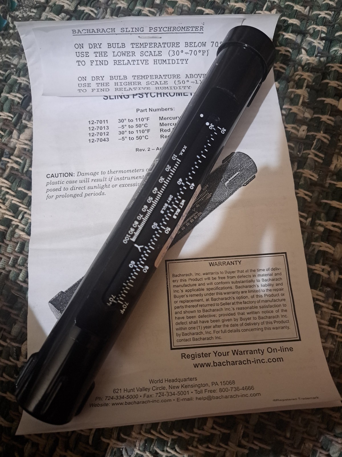 NOS Vintage Bacharach 12-7012 Sling Psychrometer MINT Unused Bold Gold Lettering
