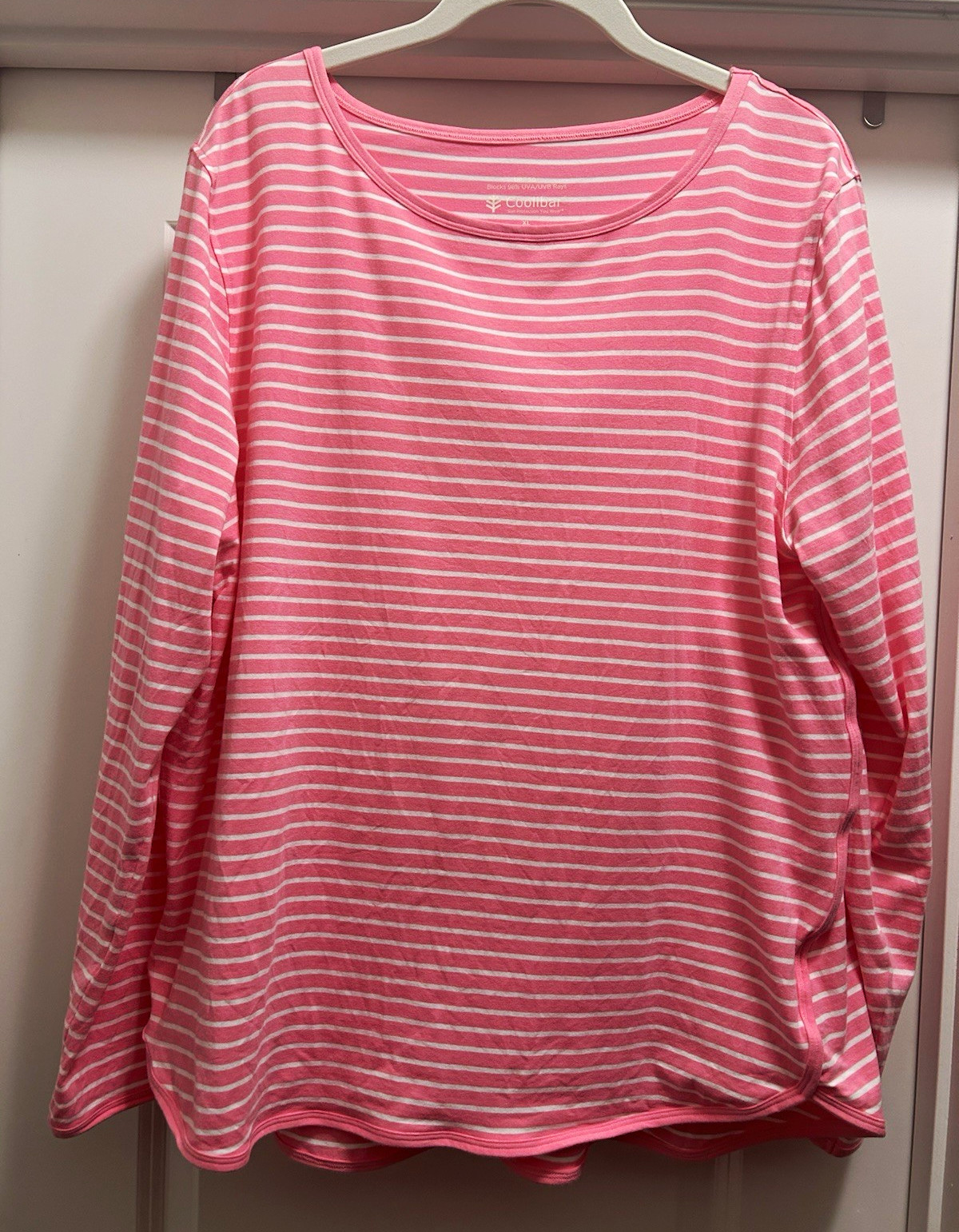 Coolibar HeyDay, Side Split, Pink/White Stripe, Long Sleeve T-shirt,  XL, New