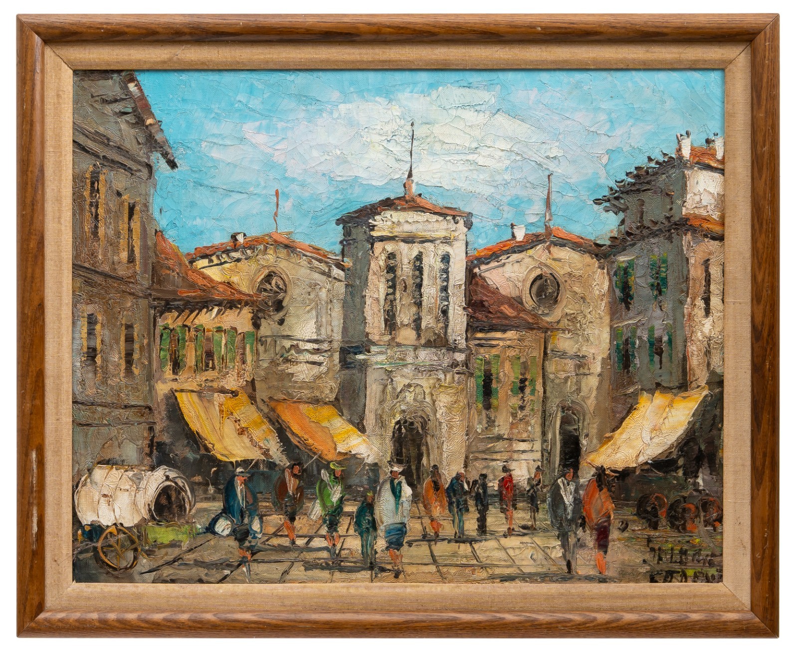 Mid Century European Plaza City Scene, Signed Illegibly, Framed, Córdoba/Cordova