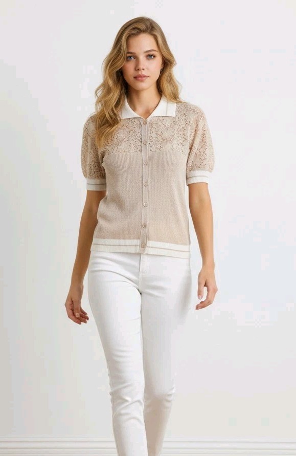 VALENTINO Beige Gold Shimmer Floral Guipure Lace Blouse Top Polo T-Shirt 38 XS