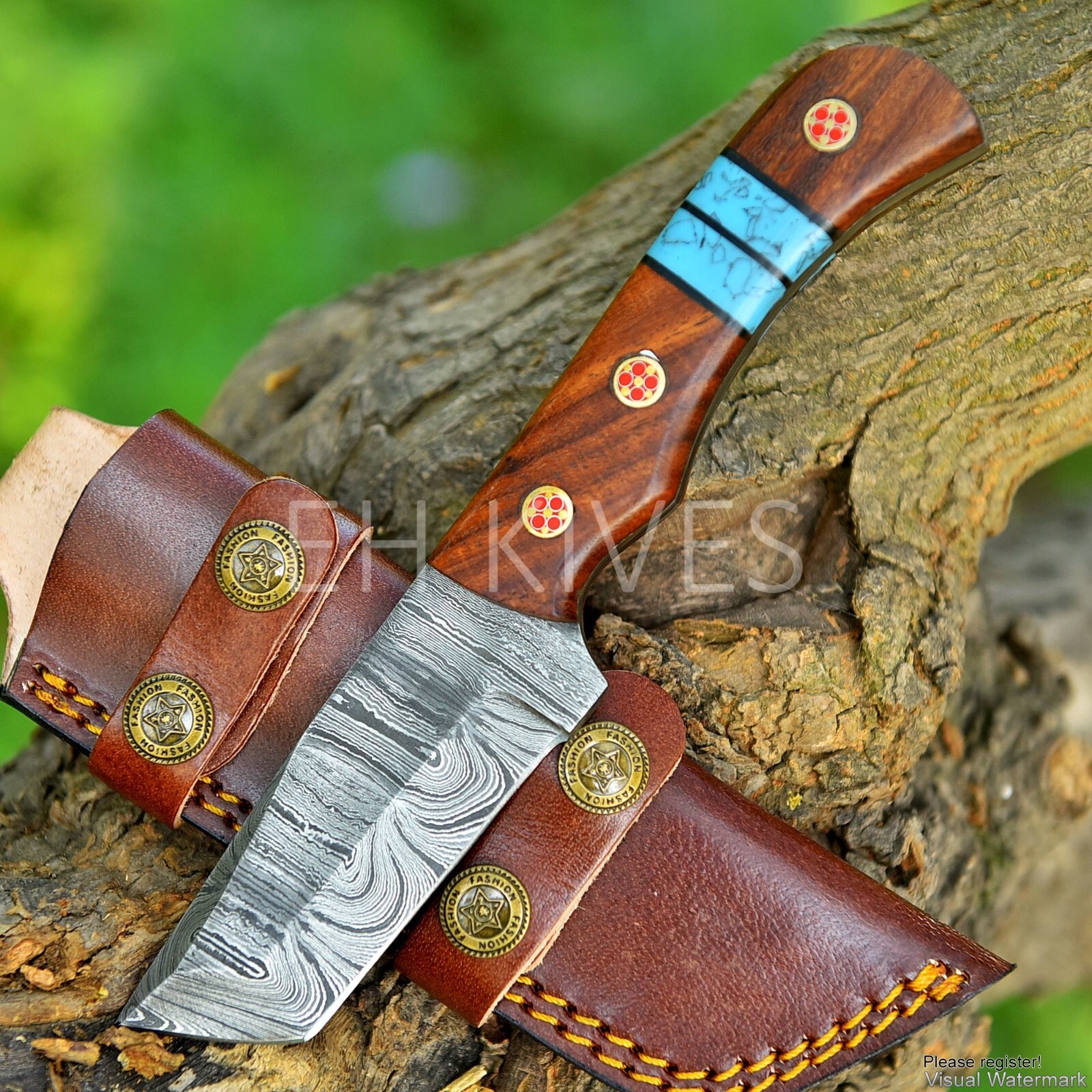 EXQUISITE HANDMADE DAMASCUS HUNTING/SKINNER KNIFE  WOOD HANDLE WITH SHEATH