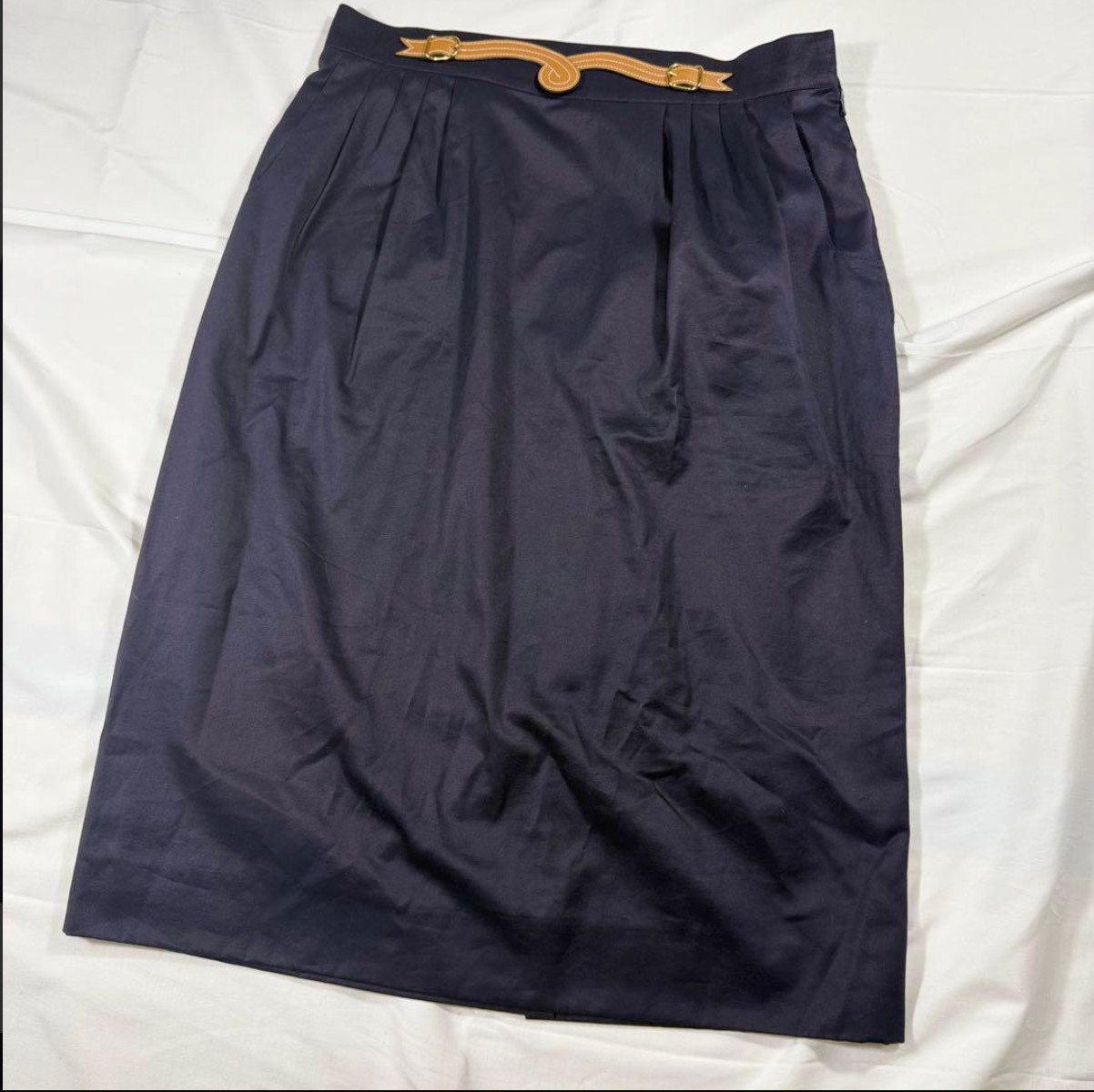 HERMES Leather Detail A-Line Skirt Navy 100% Cotton Size 46