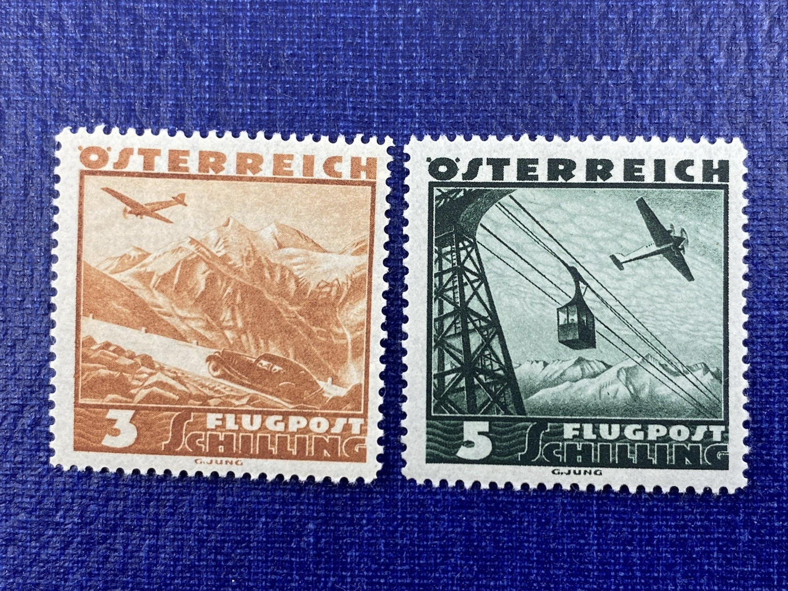 Austria  1935 Airmail Stamps C44, C45, 3S & 5S Scenic Aviation Series, MLH Clean