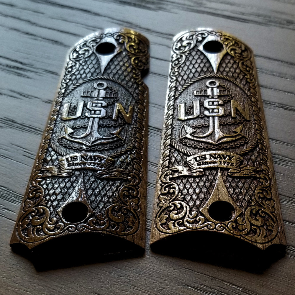 1911 custom 3D engraved walnut wood grips Scroll US Navy USN Anchor