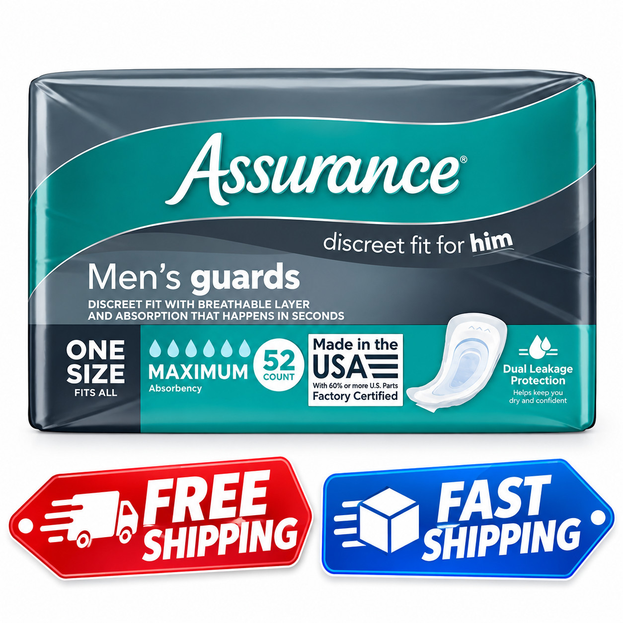 Assurance Men's Guards, Maximum Absorbency, One Size Fits All, 52 Count Assurance Men's Guards, Maximum Absorbency, One Size Fits All, 52 Count