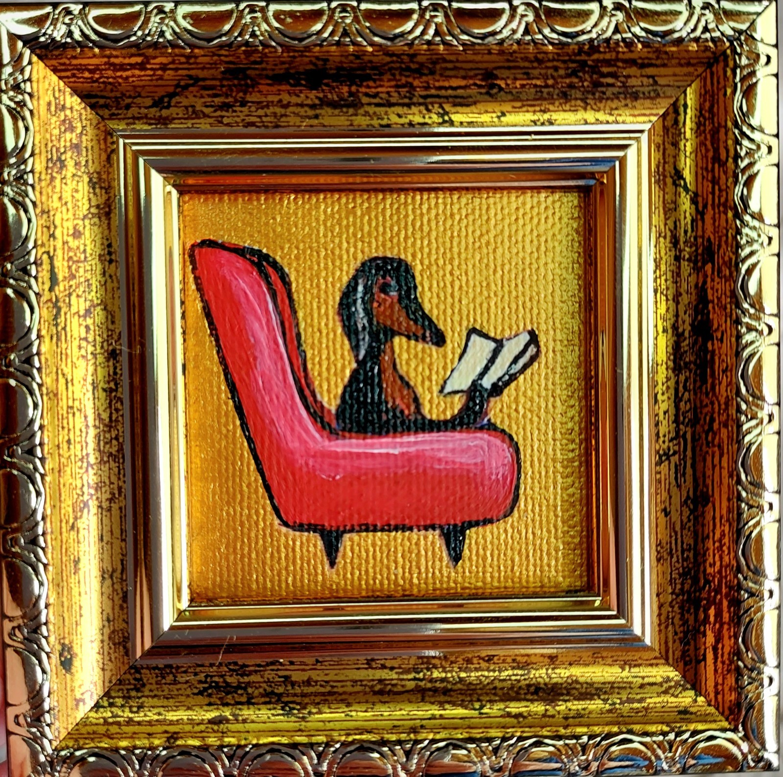 Dachshund Reading Book Oil Painting Original Funny Dog Art Tiny Framed Signed
