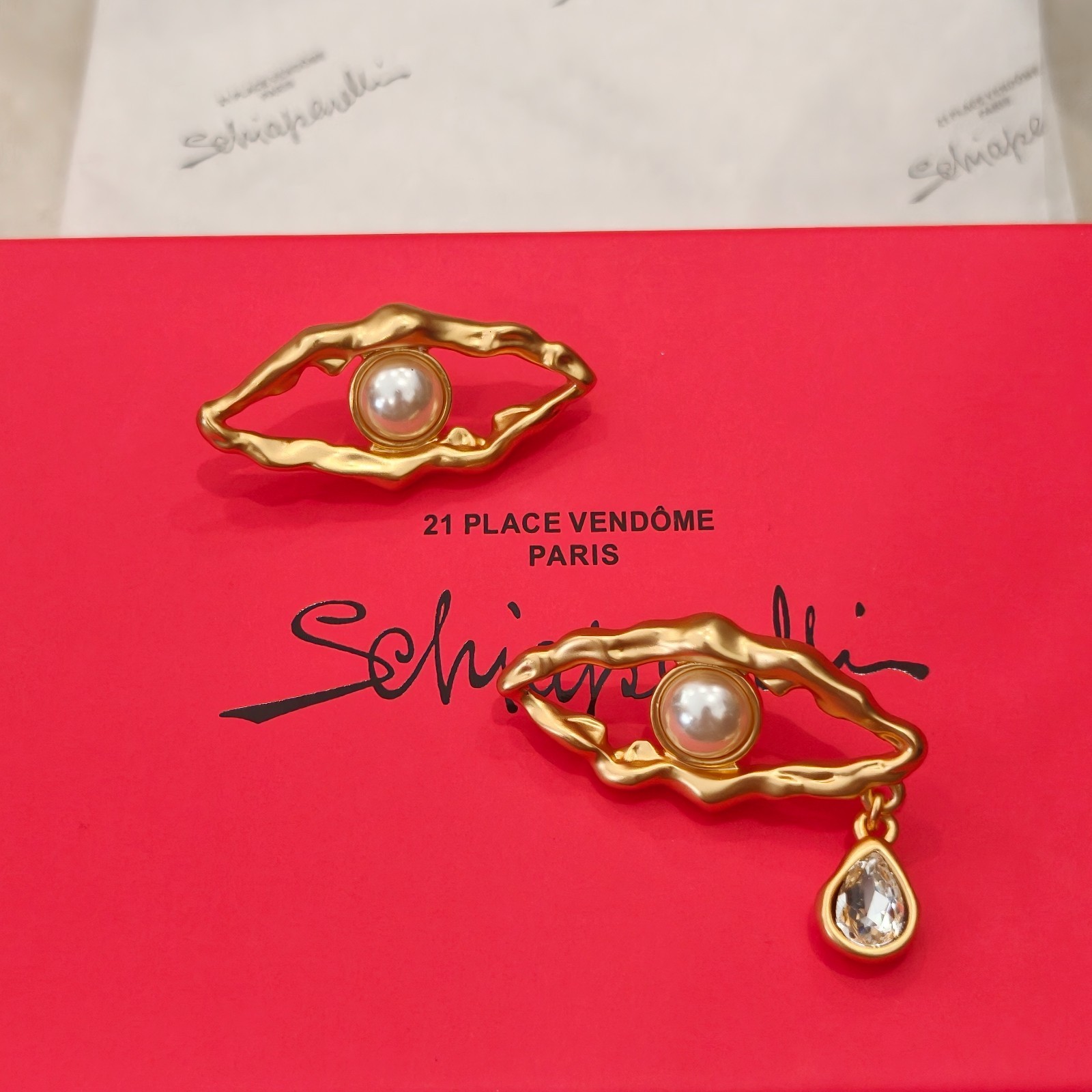 Schiaparelli Antique Gold Asymmetrical Eye Teardrop Designer Earrings