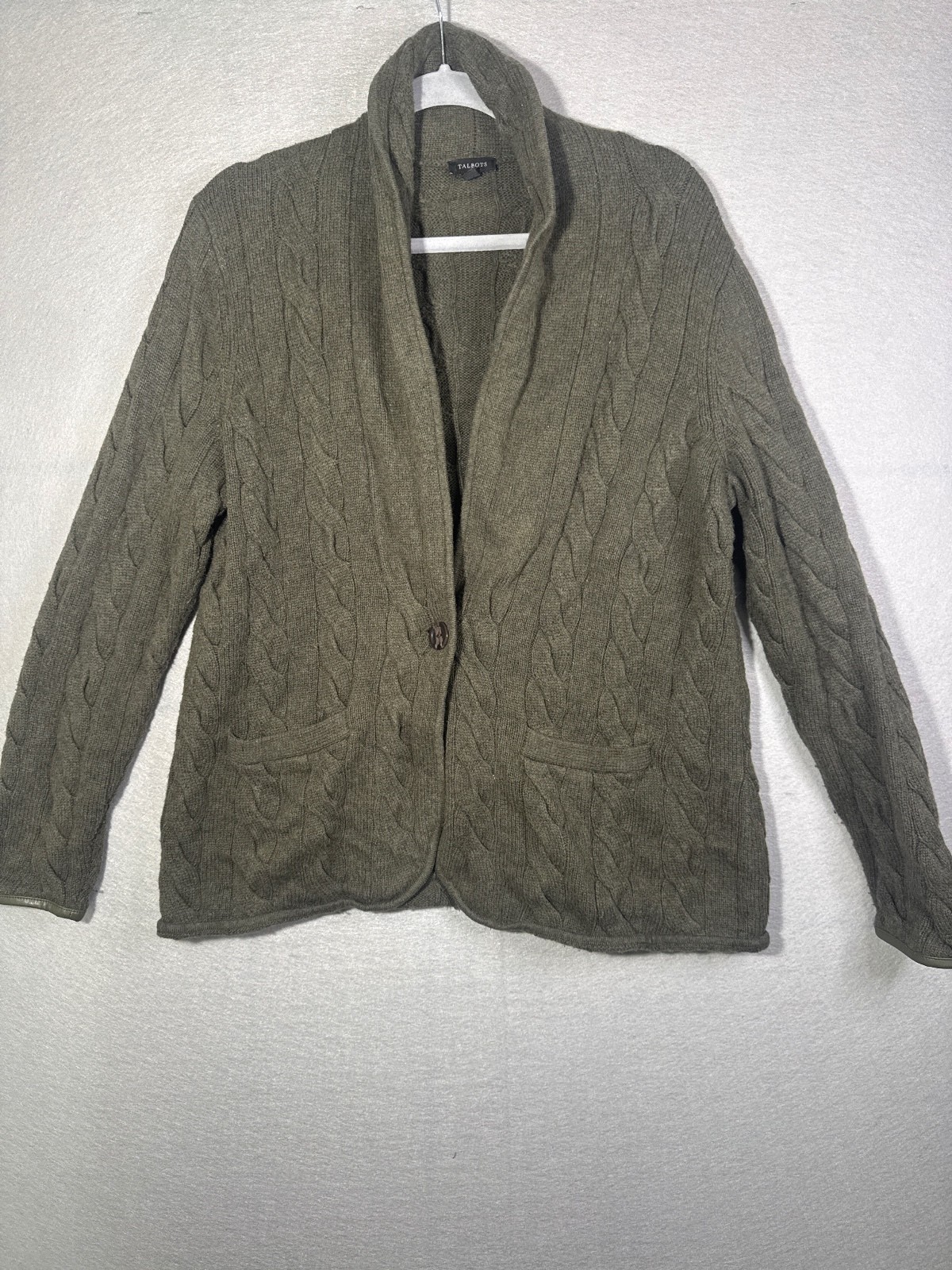 Talbots Women\'s Olive Green Cable Knit Cardigan Sweater Size L