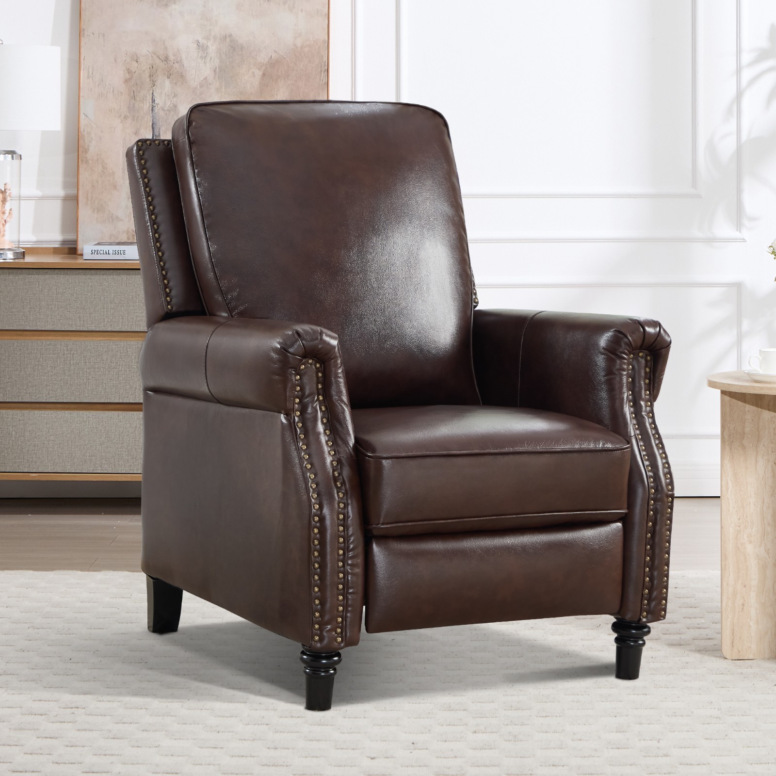 Canmov Genuine Leather Pushback Recliner Chair with Rivet Decoration,Single Sofa
