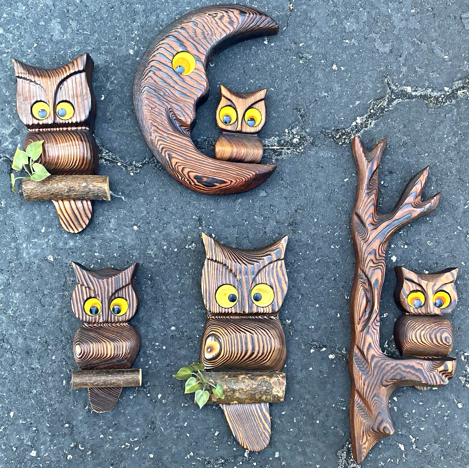 MCM Vintage Hand-Carved Owl Wood Wall Plaque Set, Moon & Tree cedar wood 1970’s MCM Vintage Hand-Carved Owl Wood Wall Plaque Set, Moon & Tree cedar wood 1970’s