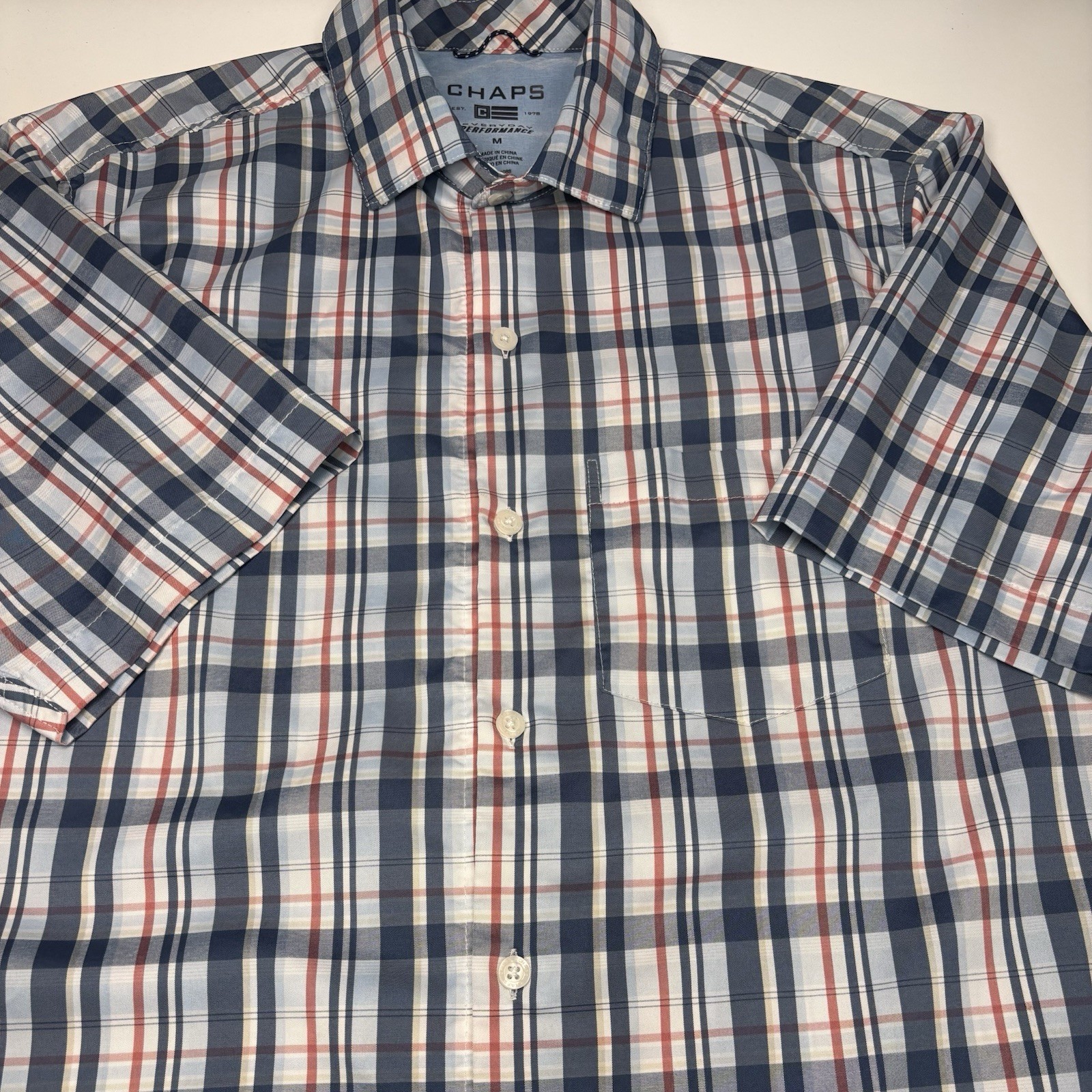 Ralph Lauren Chaps Short-Sleeve Plaid Performance Shirt Blue White & Red M EUC