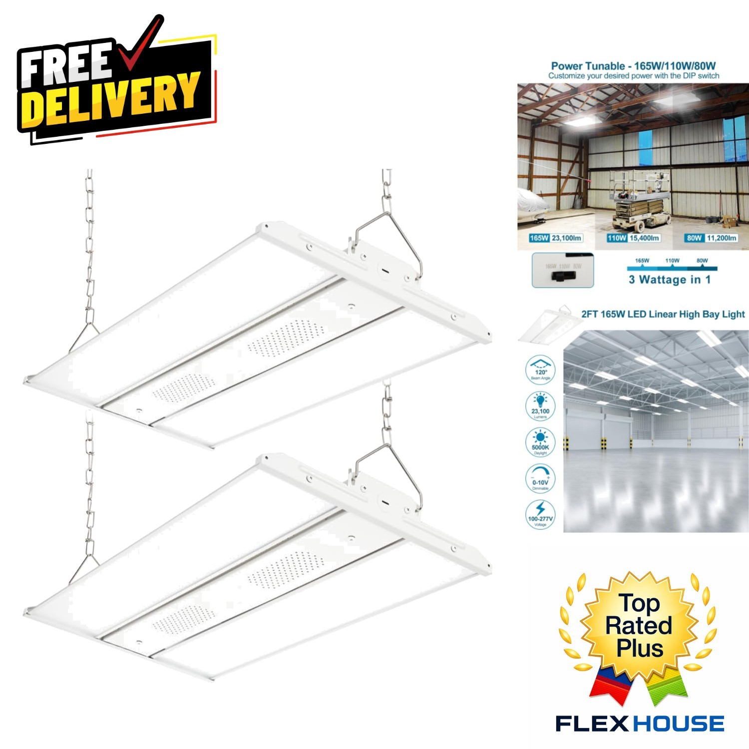 165W Power Adjustable LED High Bay Lights 2-Pack - 5000K Bright Indoor Lighting