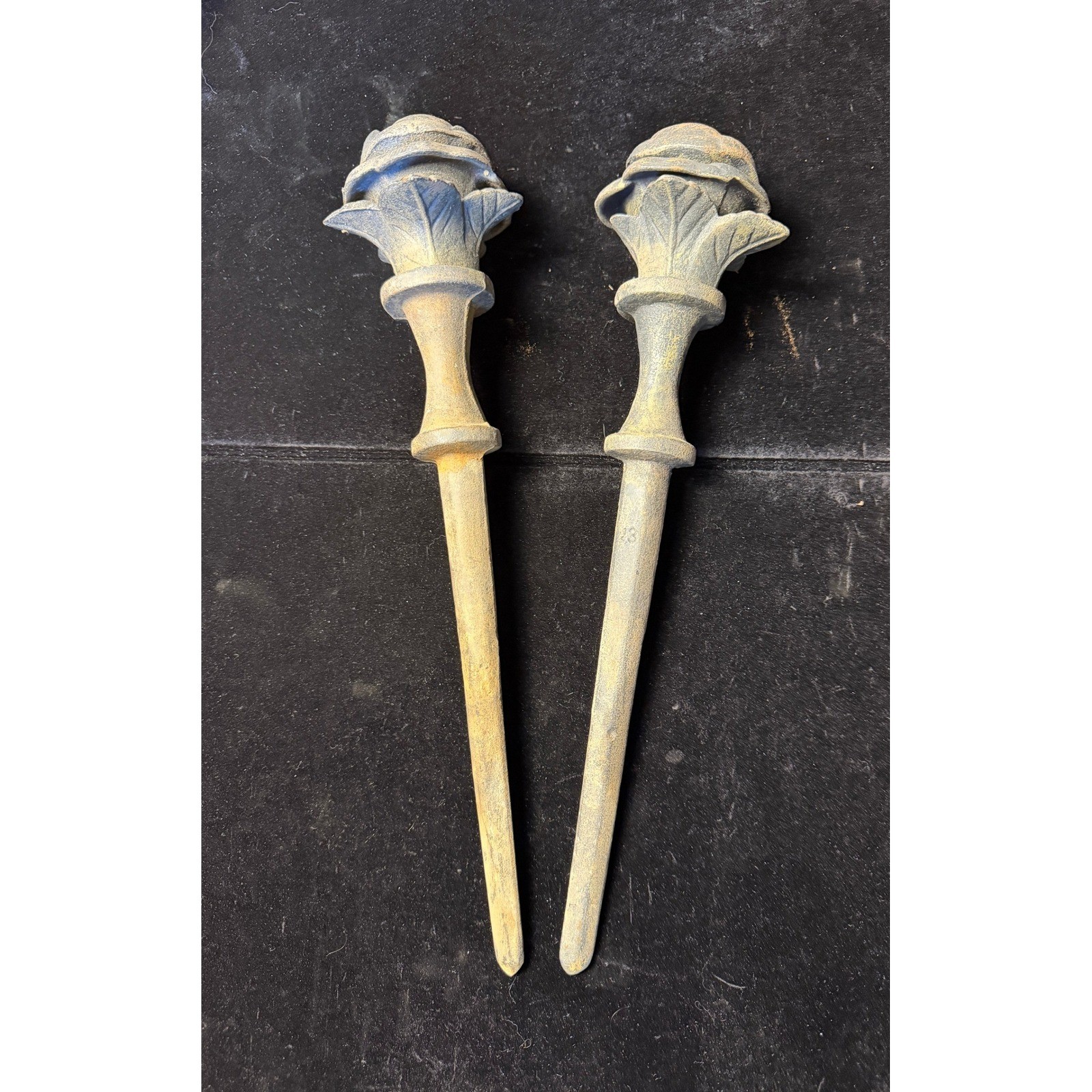 Vintage Cast Iron Rose Finials Garden Stakes, Rustic Set of 2