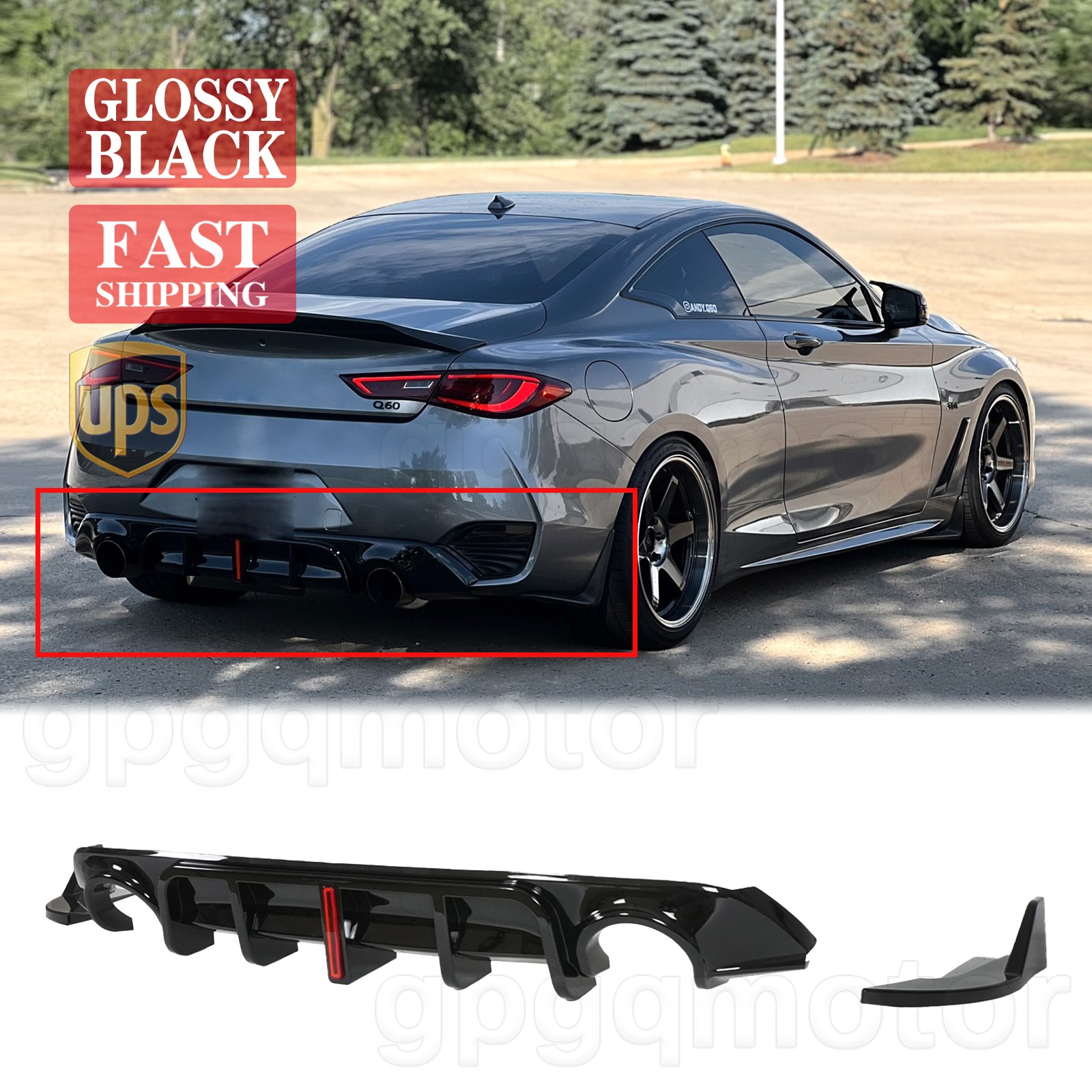 For Infiniti Q60 2017-2022 Glossy Black Rear Bumper Diffuser & Side Corner Apron