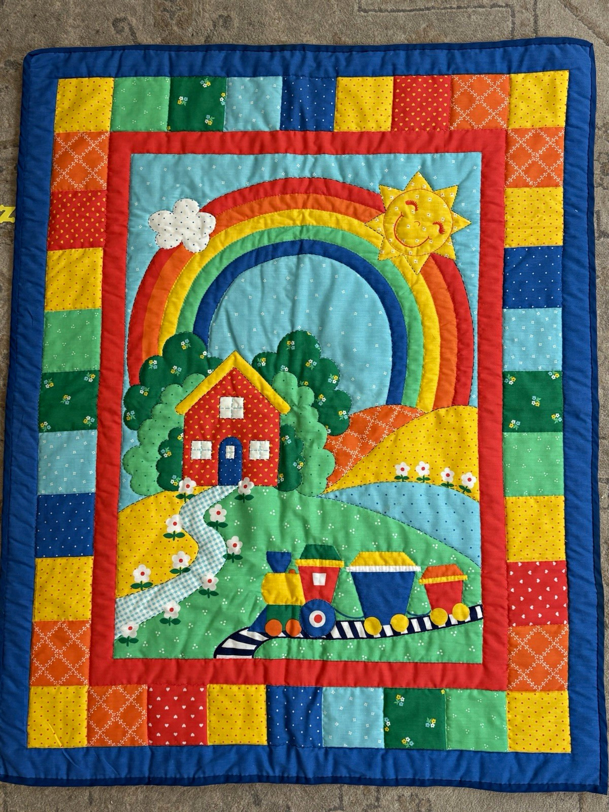 1970s Spring Mill Fabric Vintage Cotton Baby Quilt, Train, Sun, Rainbow, Whimsy