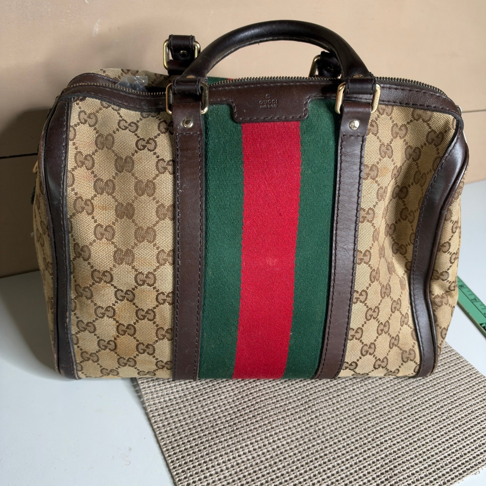Gucci Joy Boston Bag GG Monogram Web Stripe Brown Canvas 247205 AS IS Gucci Joy Boston Bag GG Monogram Web Stripe Brown Canvas 247205 AS IS