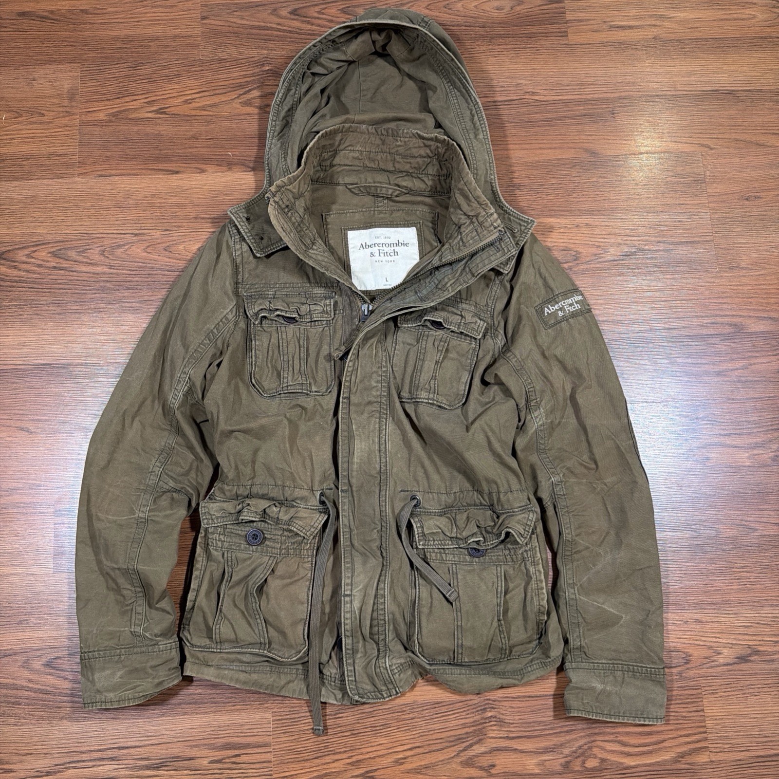 Abercrombie Fitch Military Jacket Men\'s Large Green Army Field Coat Parka Hooded Abercrombie Fitch Military Jacket Men\'s Large Green Army Field Coat Parka Hooded