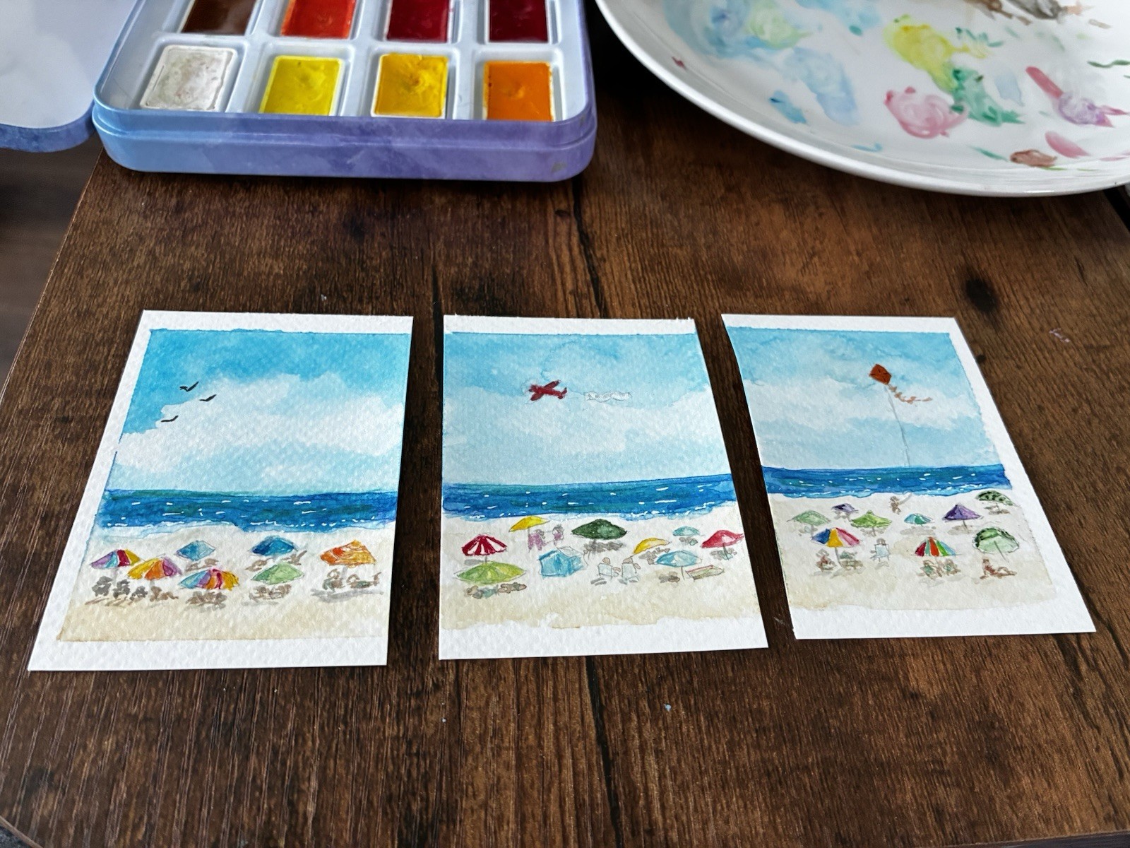 ACEO original tiny art. “Down The Shore” 3 panel seascape. Kelly.Ospina