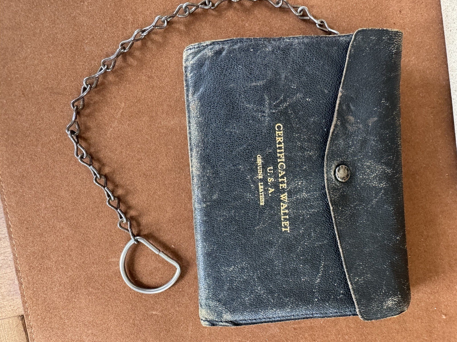 Vintage 1940s Black Leather Merchant marine wallet with Crew Pass Wallet chain Vintage 1940s Black Leather Merchant marine wallet with Crew Pass Wallet chain
