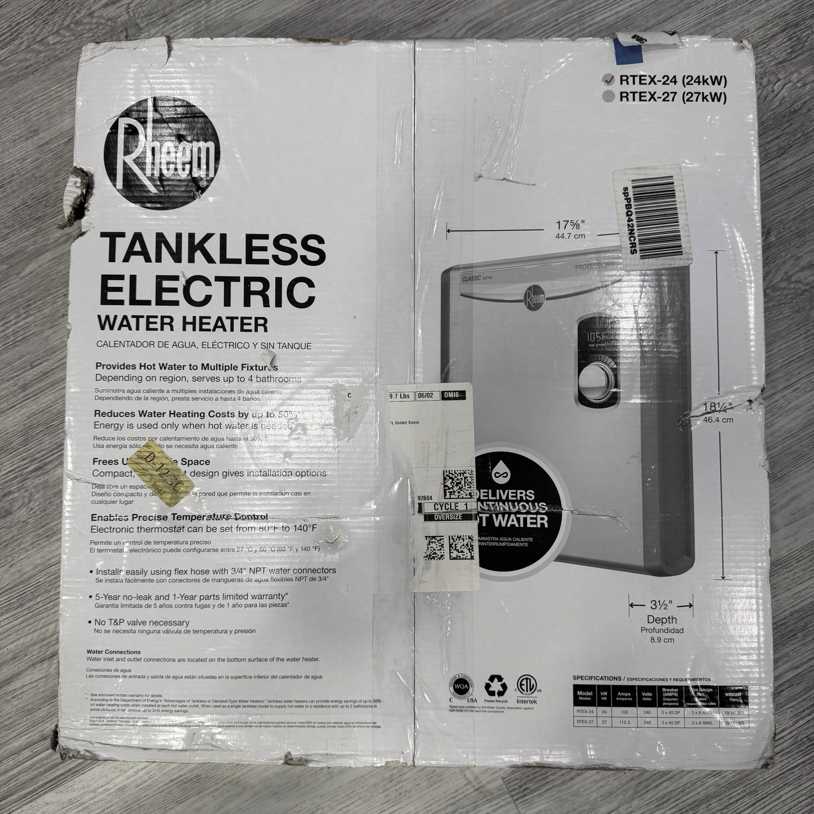 Rheem RTEX-24 24kW 240V Electric Tankless Water Heater, Gray 