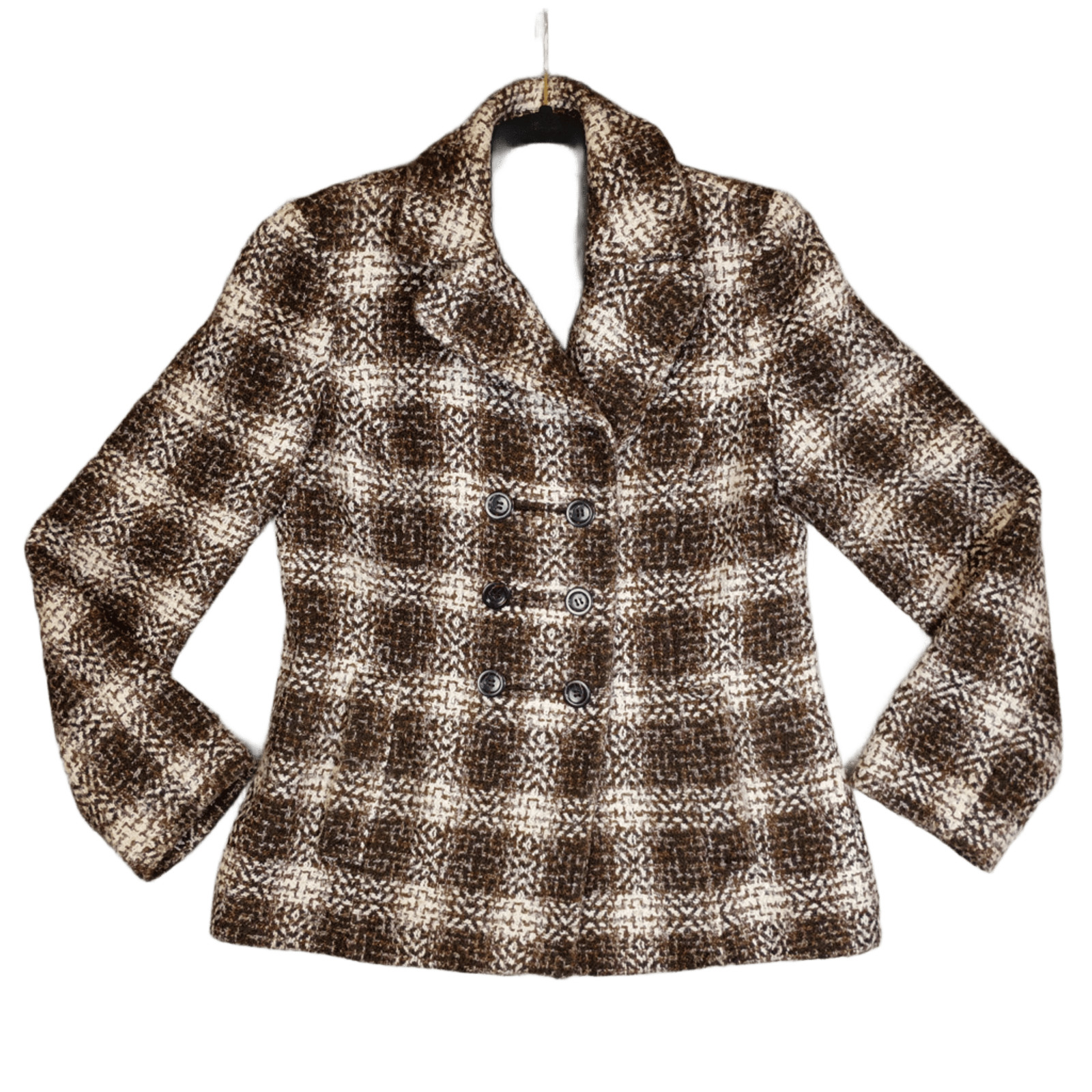 Ann Taylor Women\'s Small Double Breasted Plaid Tweed Jacket Brown White Heavy
