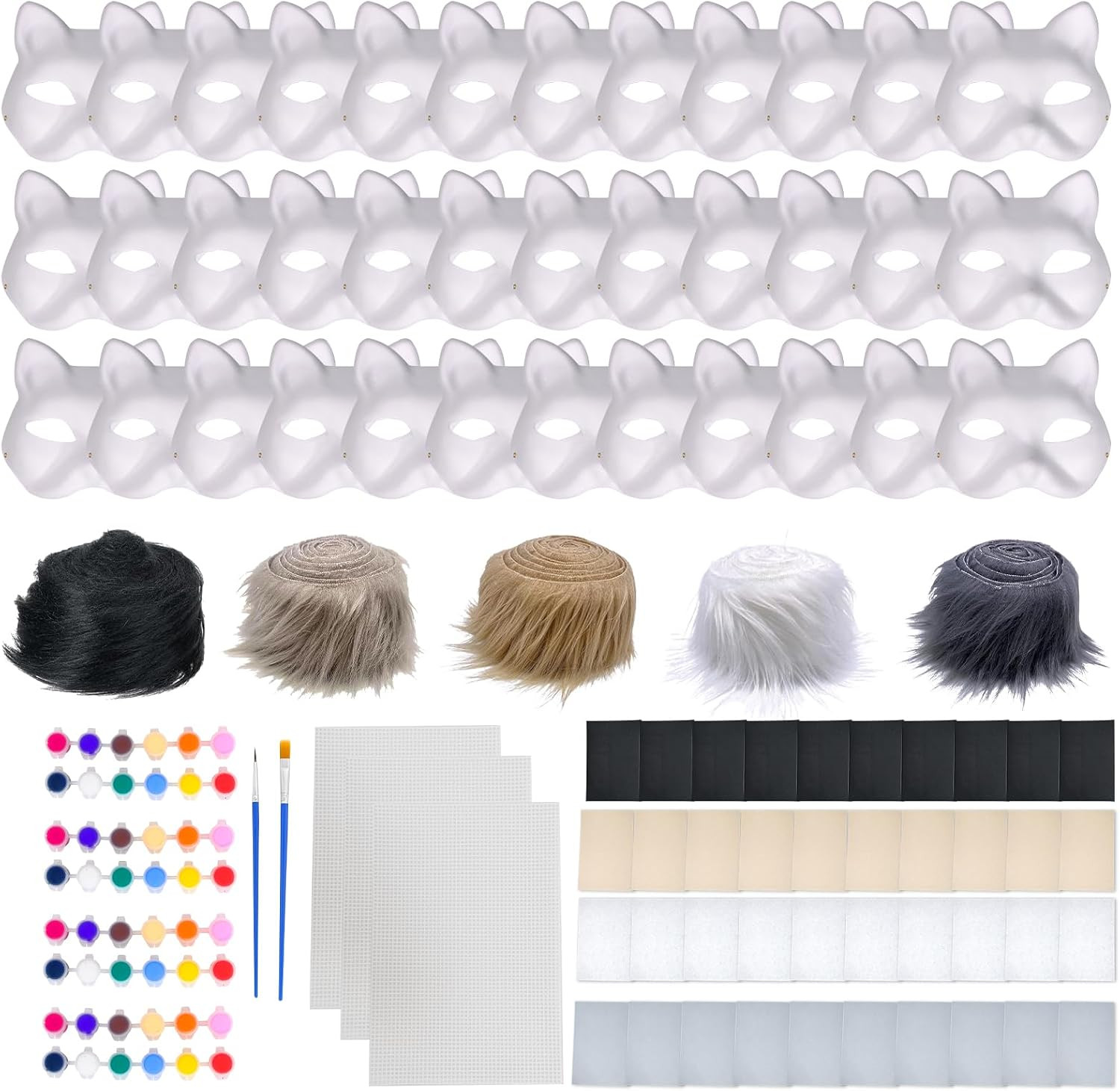 36 Pcs DIY Therian Mask Kit Blank Cat Mask with Felt Fabric Sheet Plush Faux Fur