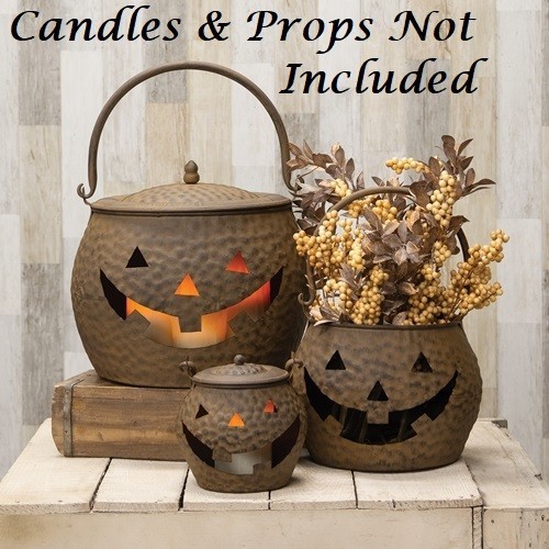 NEW Primitive JACK O LANTERN LUMINARIES Halloween HAMMERED RUST 3PCS Aged Metal