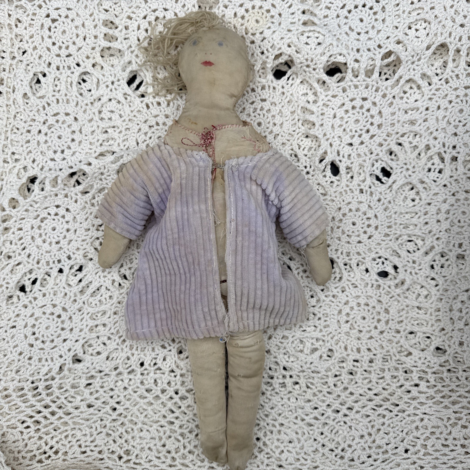 Antique Handmade Cloth Rag Doll 15” Primitive Folk Art Estate Yarn Hair Dress