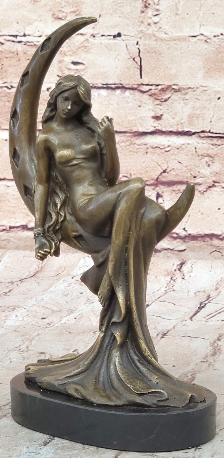 Signed Moreau Sexy Woman On Moon Bronze Classic Sculpture Figurine