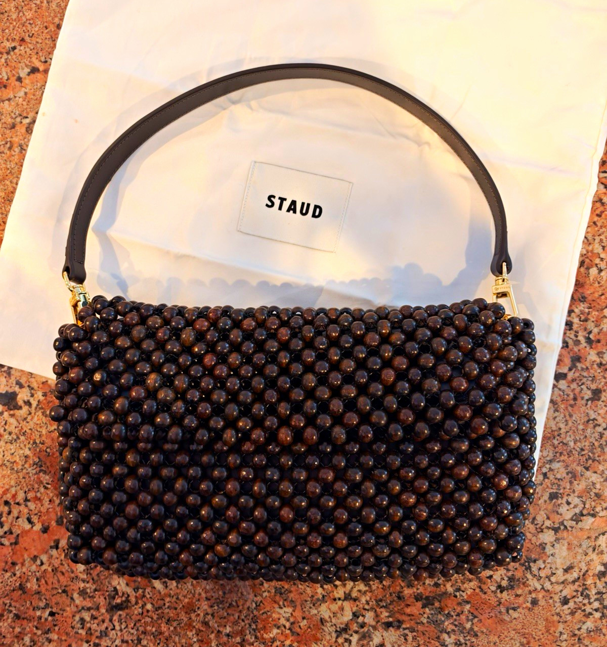 STAUD Brown Beaded Tommy Top Handle Bag, Magnetic Closure, Lined, w/Dust Bag