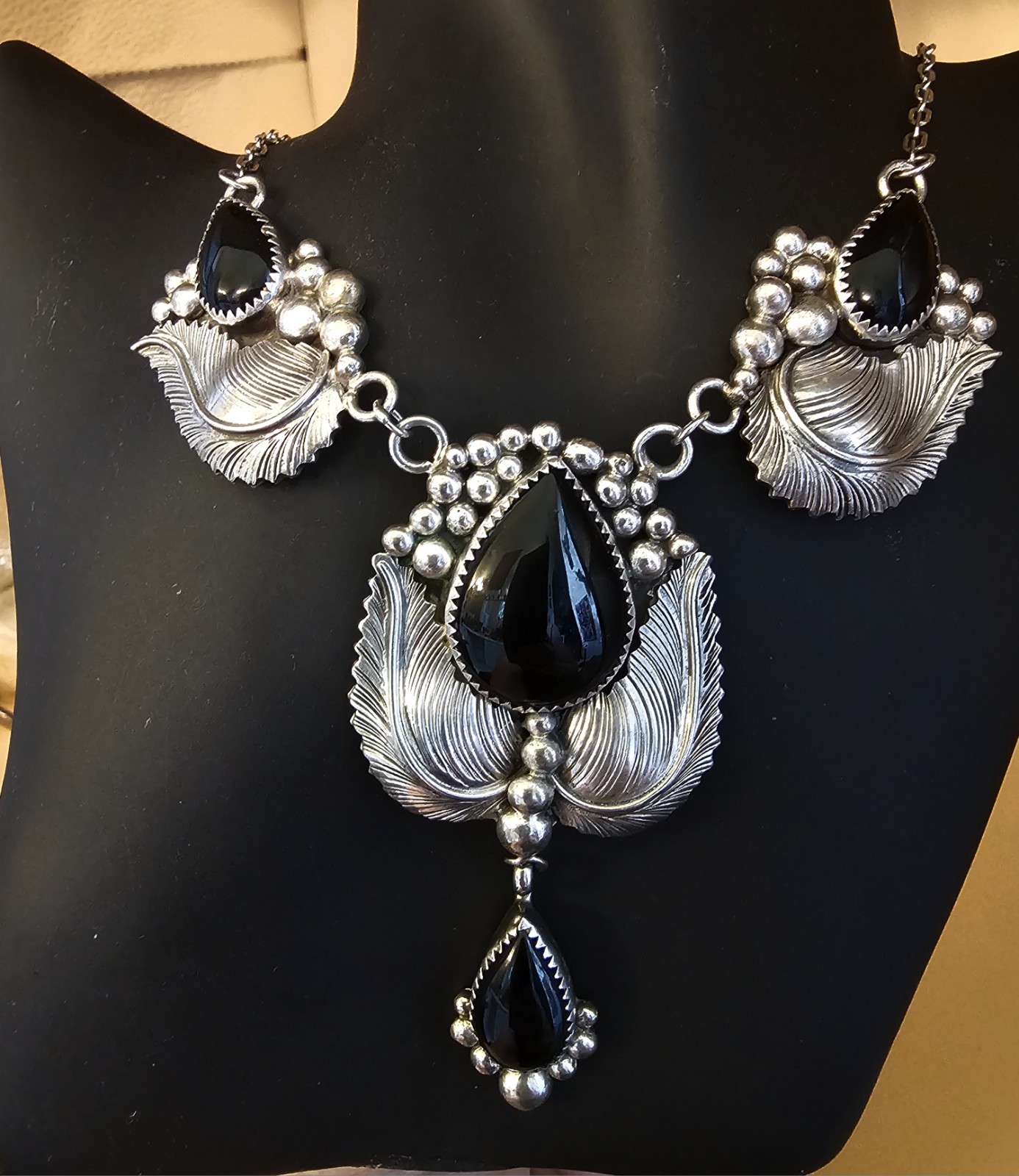 Vintage Sterling Silver Black Onyx Bib Necklace Southwest Artisan 53.73g