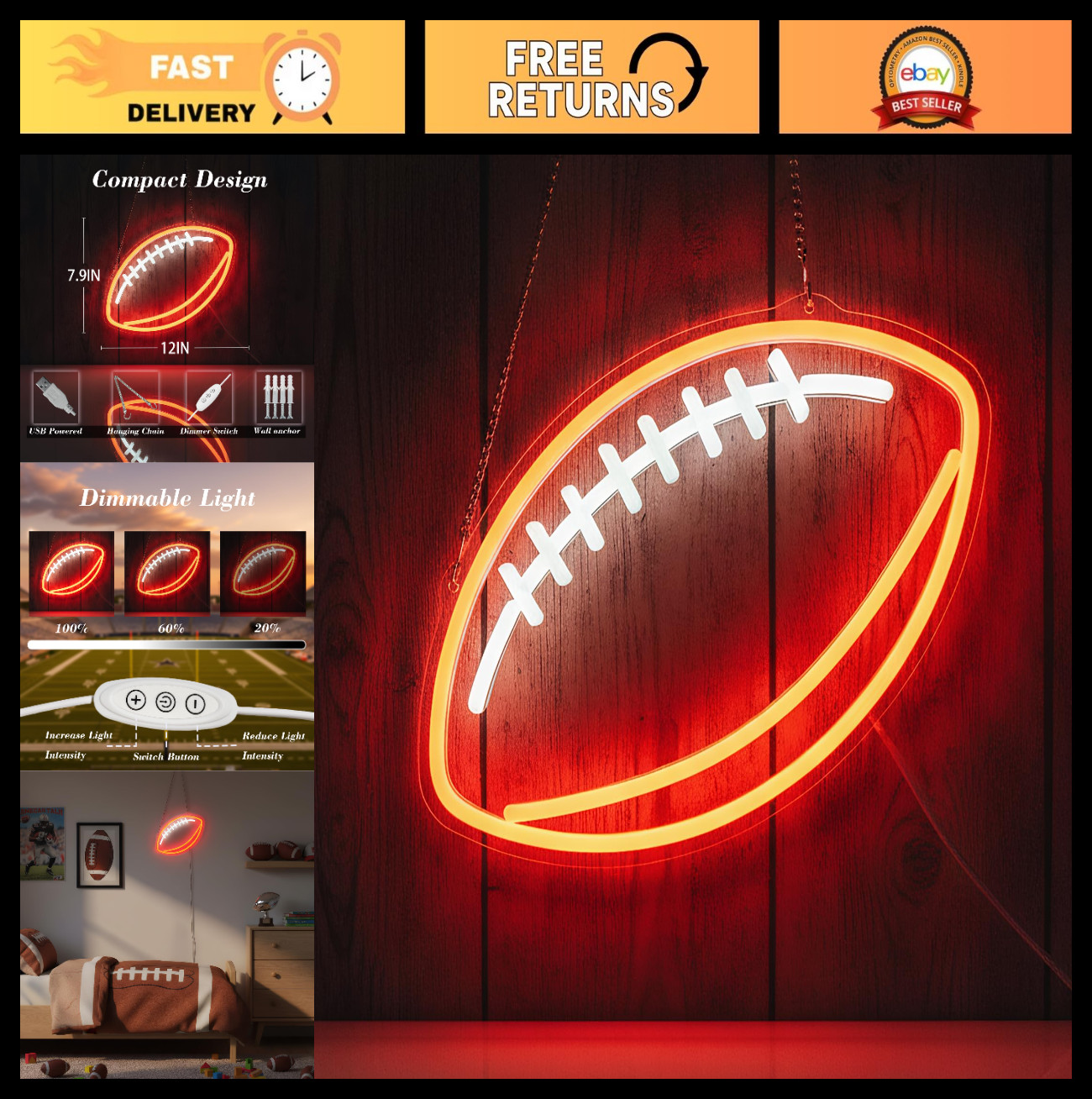 Neon Football Wall Sign - Dimmable LED Light for Sports Room Decor, Gifts for Bo Neon Football Wall Sign - Dimmable LED Light for Sports Room Decor, Gifts for Bo