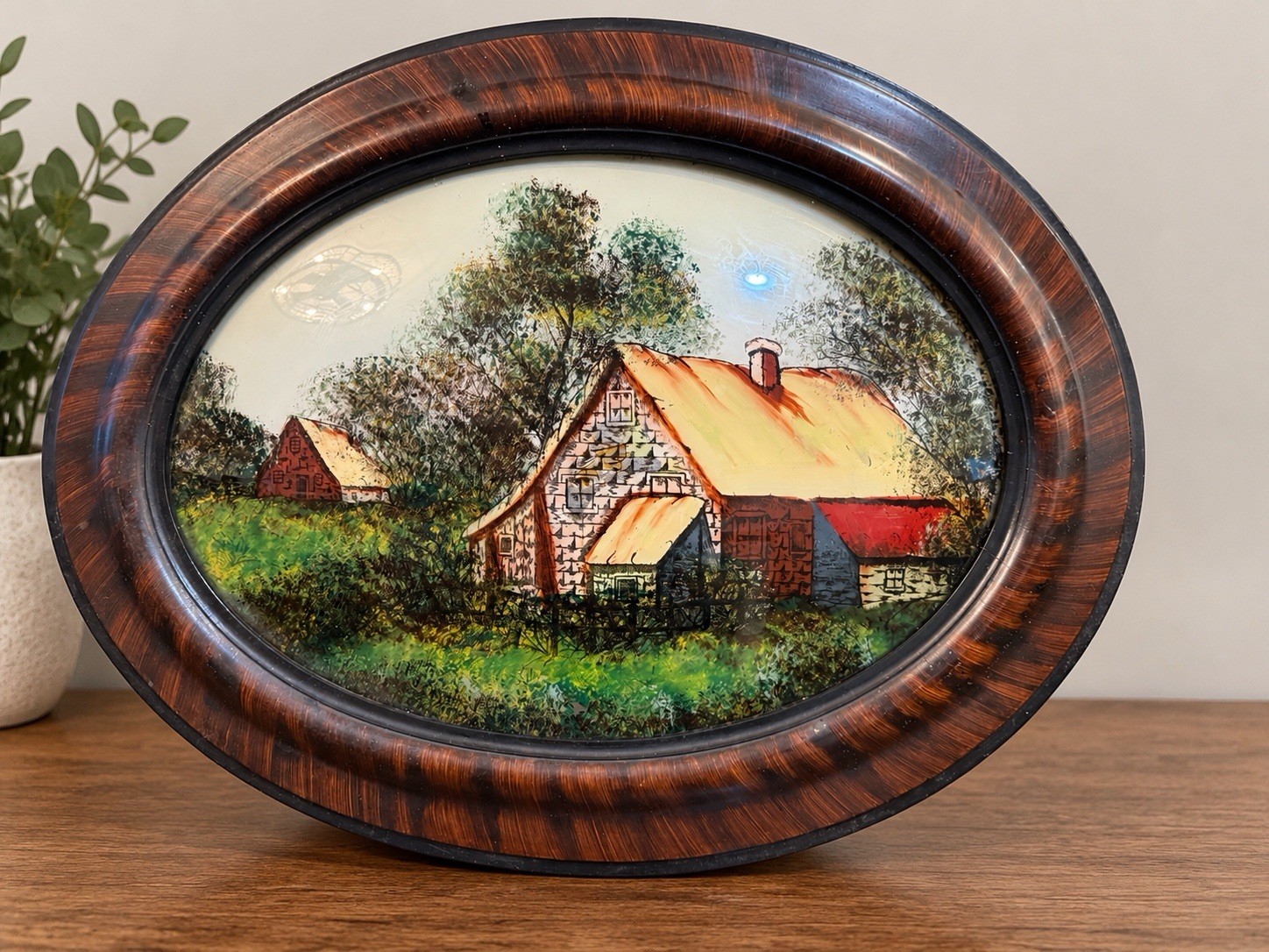 Antique Early 1900s Reverse Painted Convex Bubble Glass Cottage 24x18 Oval