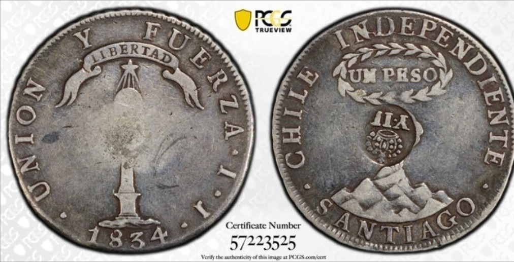 1834-7 Philippines Peso Counterstamp On Chile Volcano Peso PCGS VF 25 1834-7 Philippines Peso Counterstamp On Chile Volcano Peso PCGS VF 25