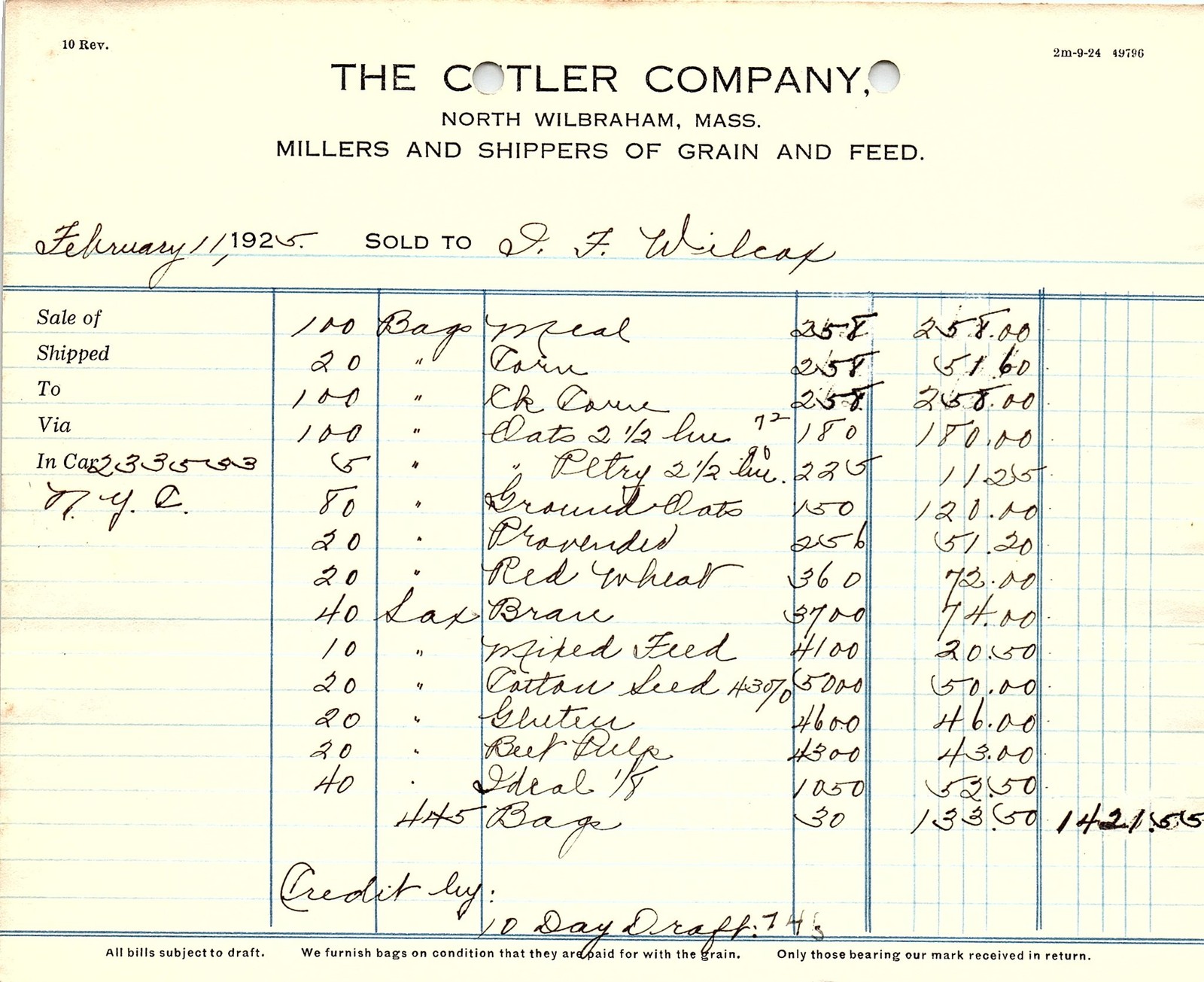 1925 The Cotler Co. (Mass) Grain/Feed Billhead - 10 Rev. 1925 The Cotler Co. (Mass) Grain/Feed Billhead - 10 Rev.
