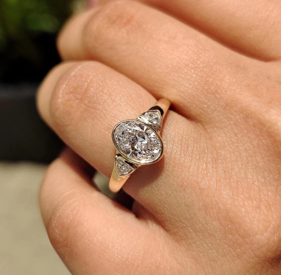 925 SILVER 2.40CT Oval Cut Three Stone Moissanite Bezel Set Engagement Ring