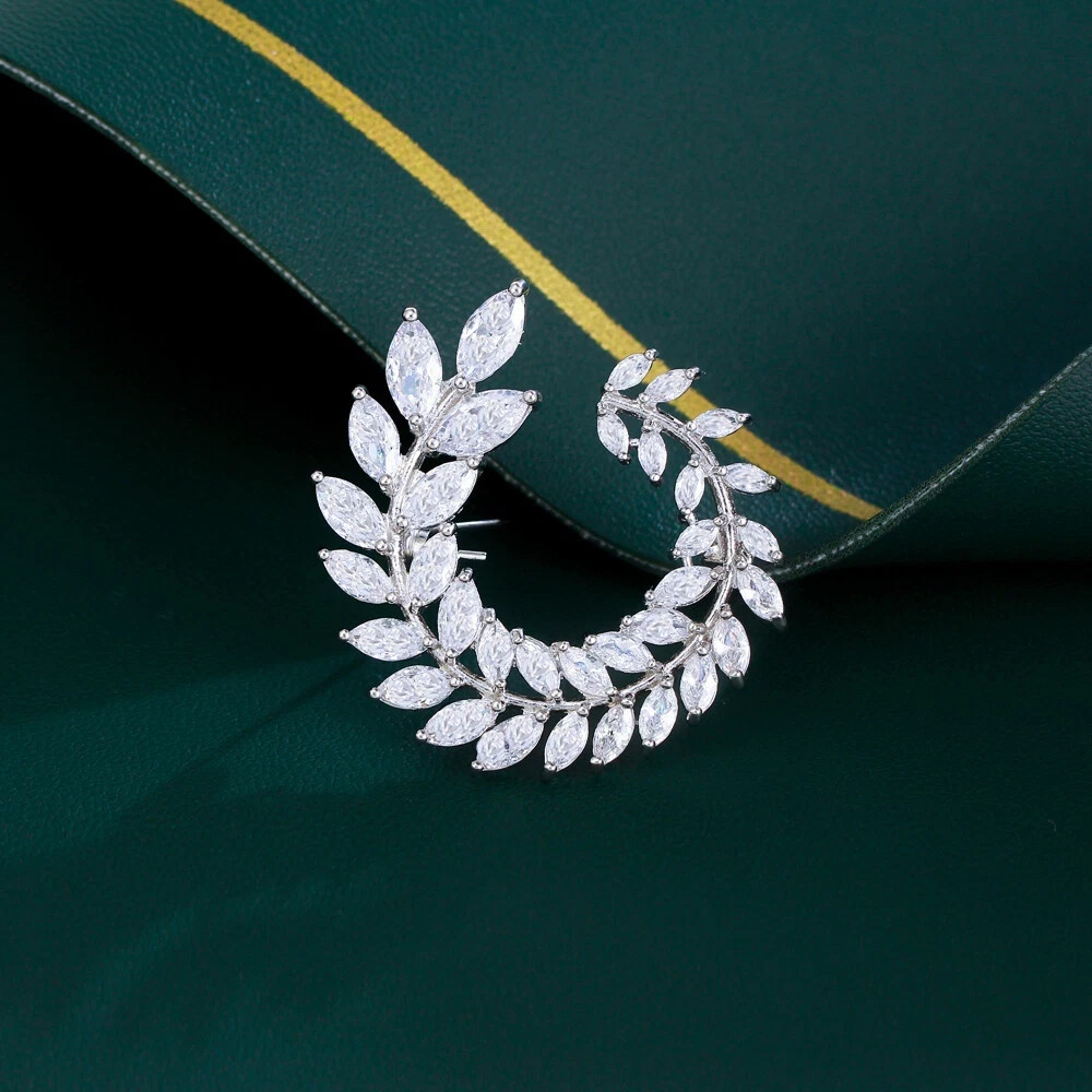 Lab-Created diamond Pin Leaf Brooch Women\'s 14K White Gold Plated Marquise cut