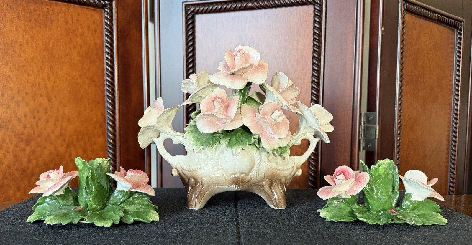 Vintage Capodimonte Pink Roses Porcelain Basket & 2 Candle Holders Naples Italy