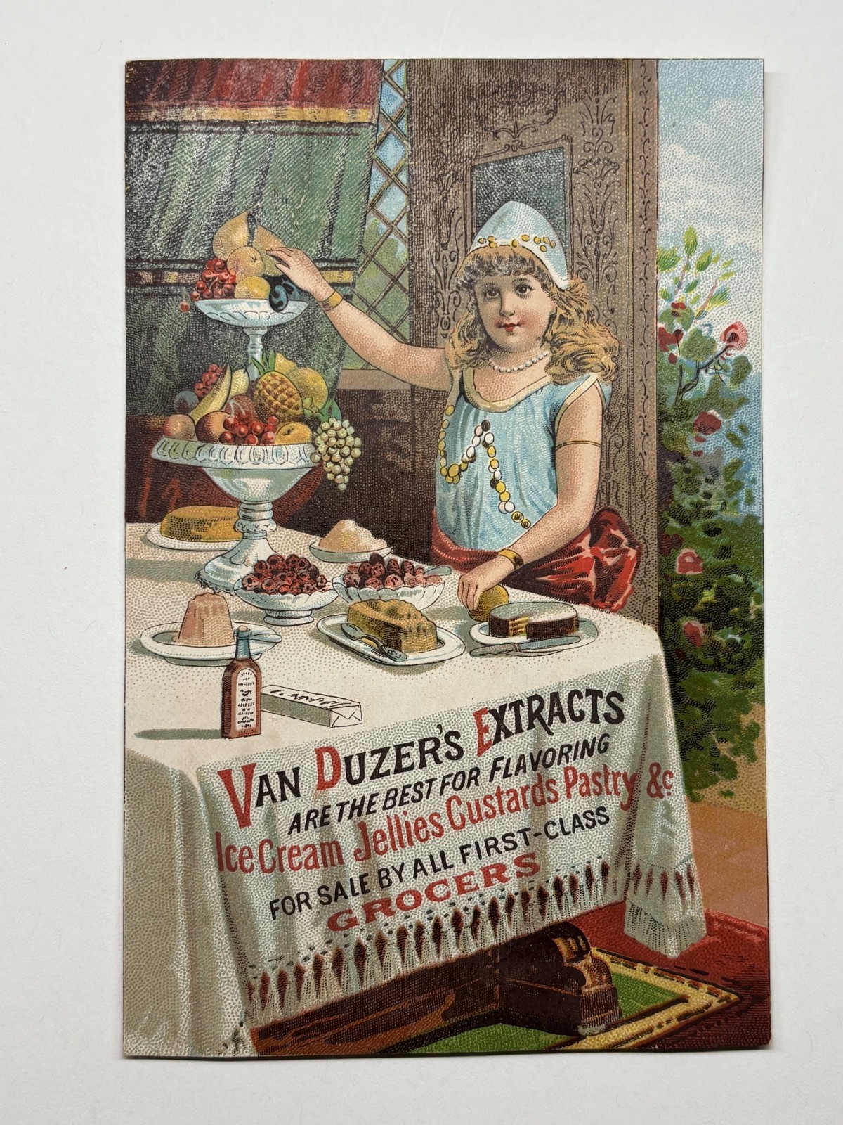 VICTORIAN TRADE CARD: 1880s - Van Duzer - Extracts - Desserts Girl - New York