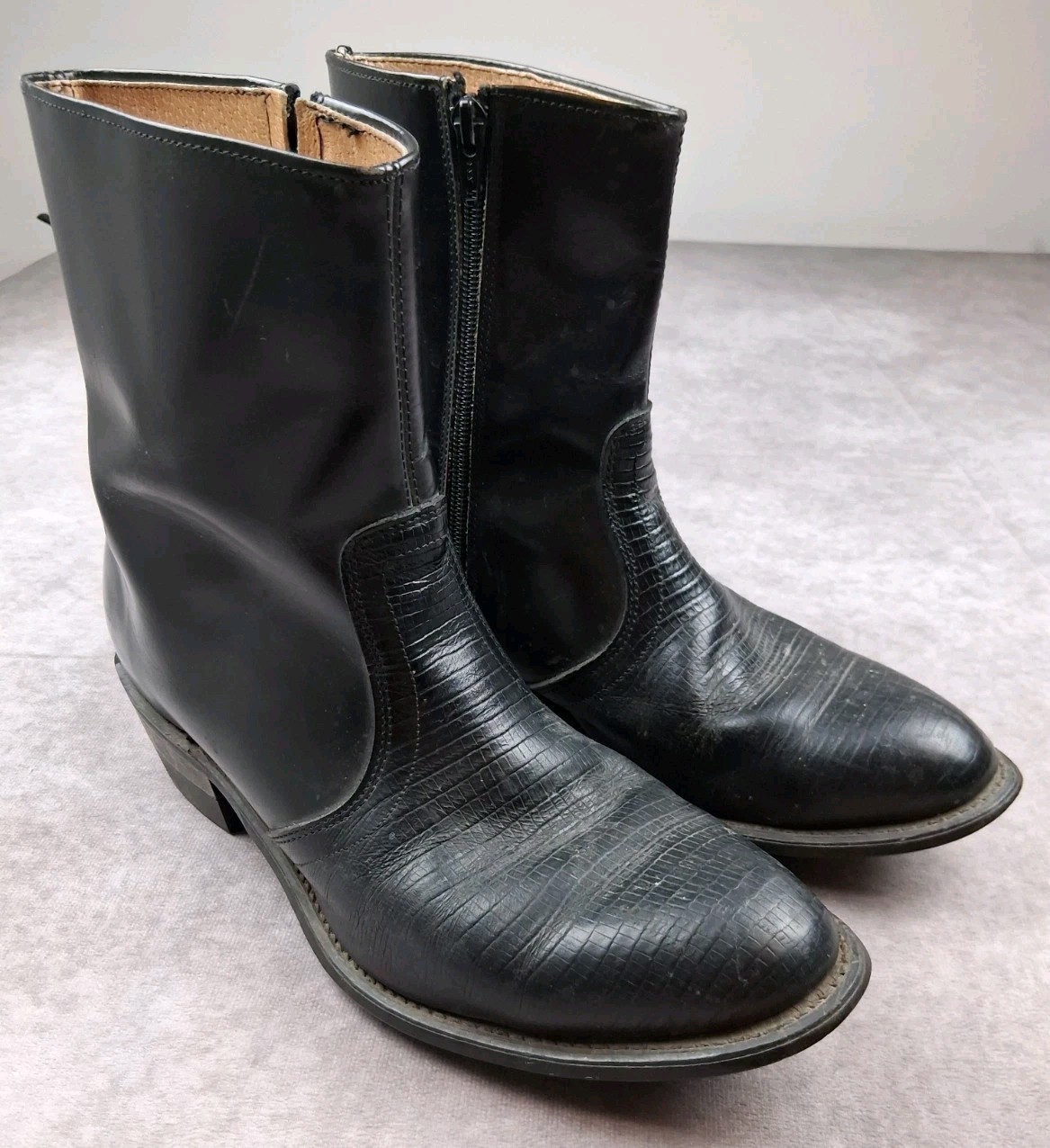 Vintage UFCW Boots Mens 9 EE Black Leather Iguana Cowboy Side Zip 1196 Made USA