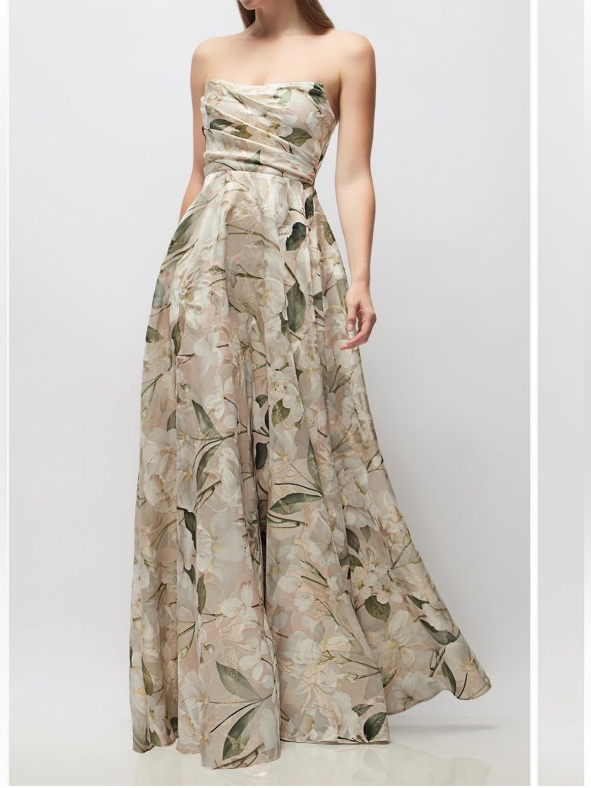 Dessy Collection Alden Metallic Plumeria  Floral Strapless Organza Gown